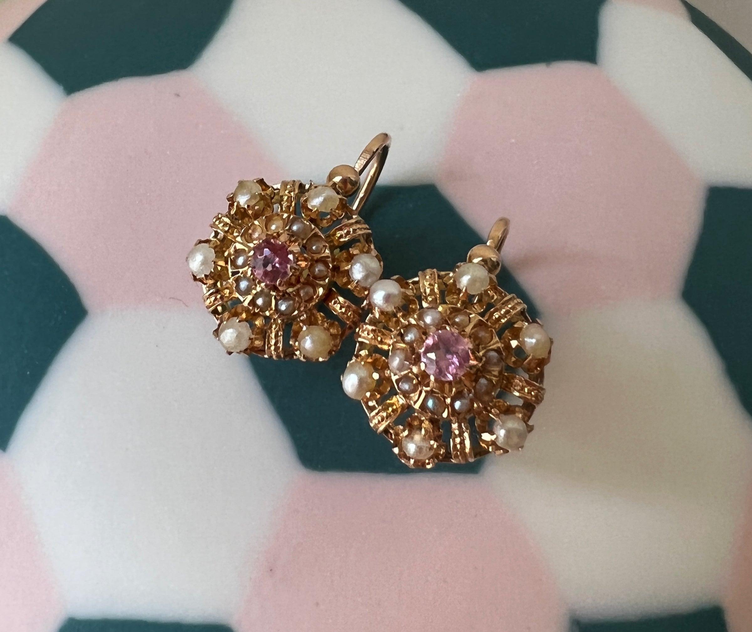 Sweet Victorian 18k Gold Pink Tourmaline Pearl sleeper earrings - Curiously timeless