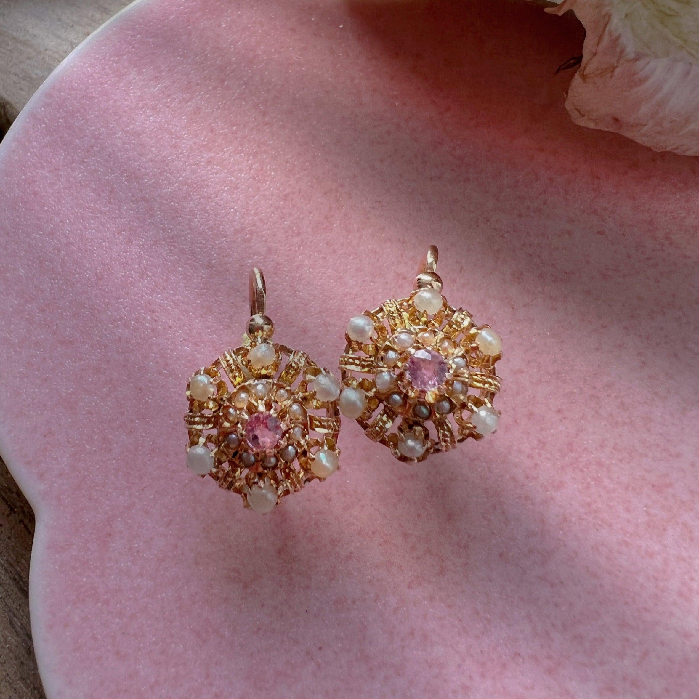 Sweet Victorian 18k Gold Pink Tourmaline Pearl sleeper earrings - Curiously timeless