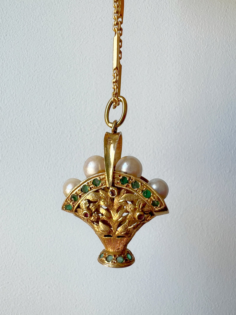 Lovely 18K gold floral woven basket pendant with white pearl “egg”