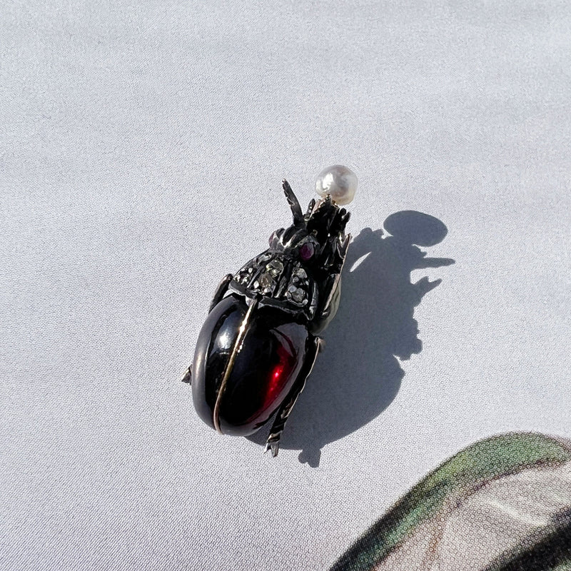 Victorian era garnet scarab pendant with diamond, ruby and pearl