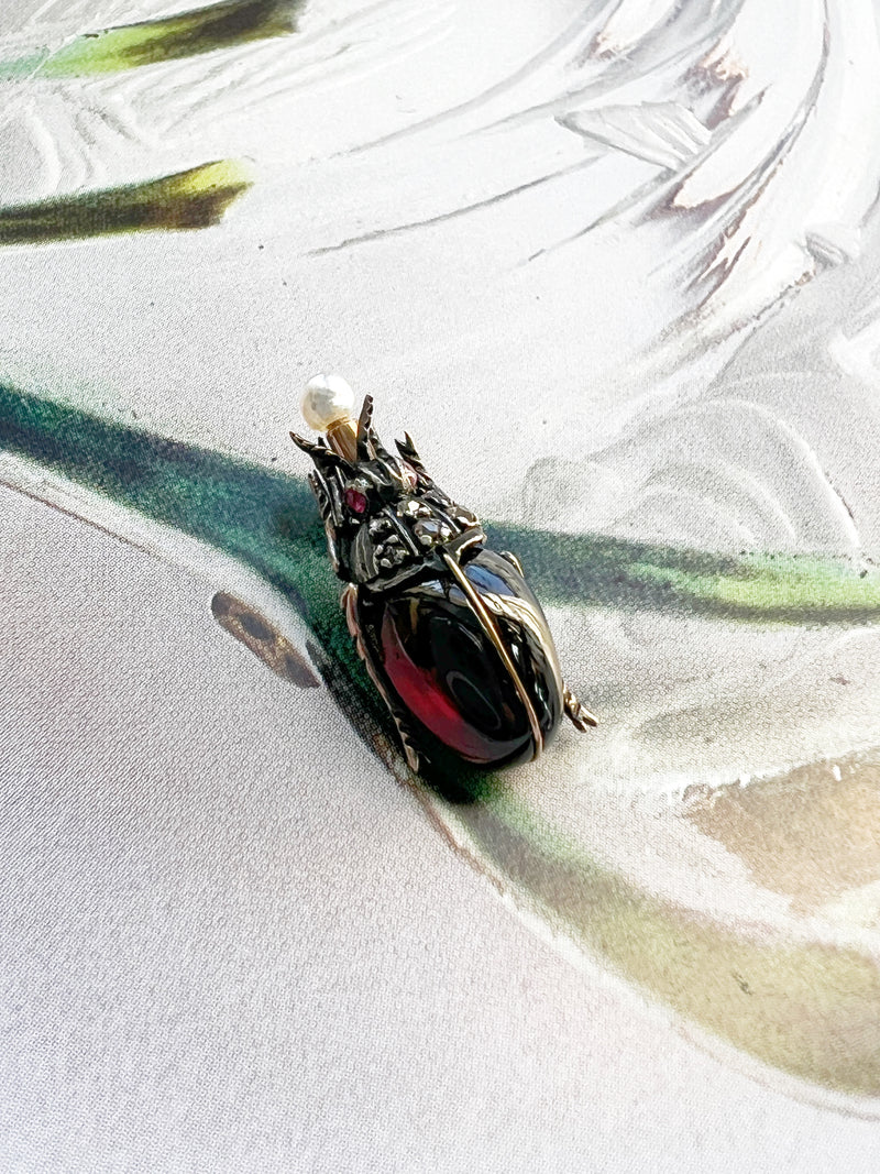 Victorian era garnet scarab pendant with diamond, ruby and pearl