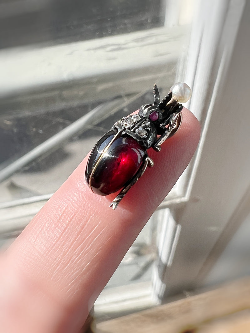 Victorian era garnet scarab pendant with diamond, ruby and pearl