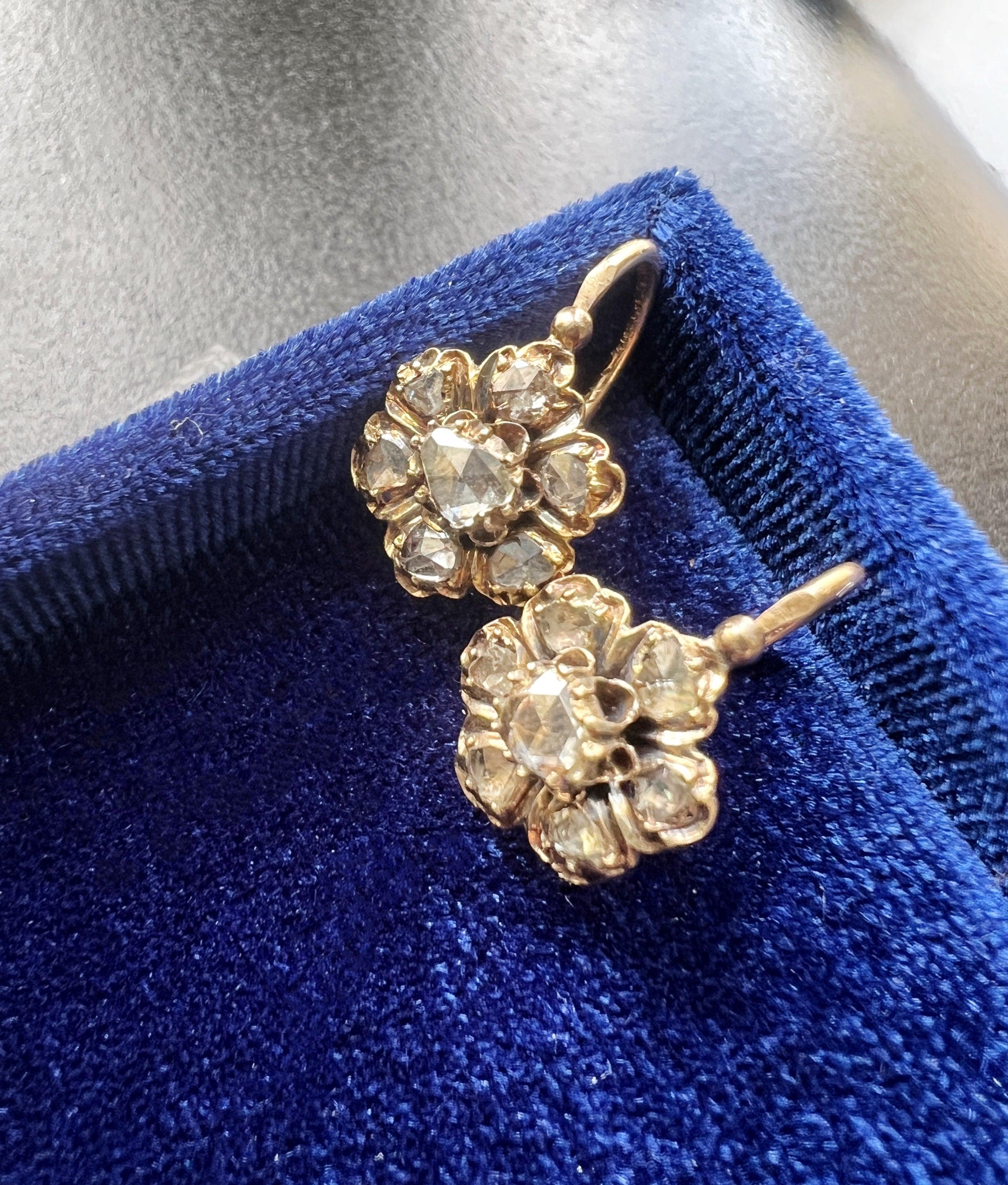 Victorian era 18K gold rose cut diamonds flower dangle earrings - Curiously timeless