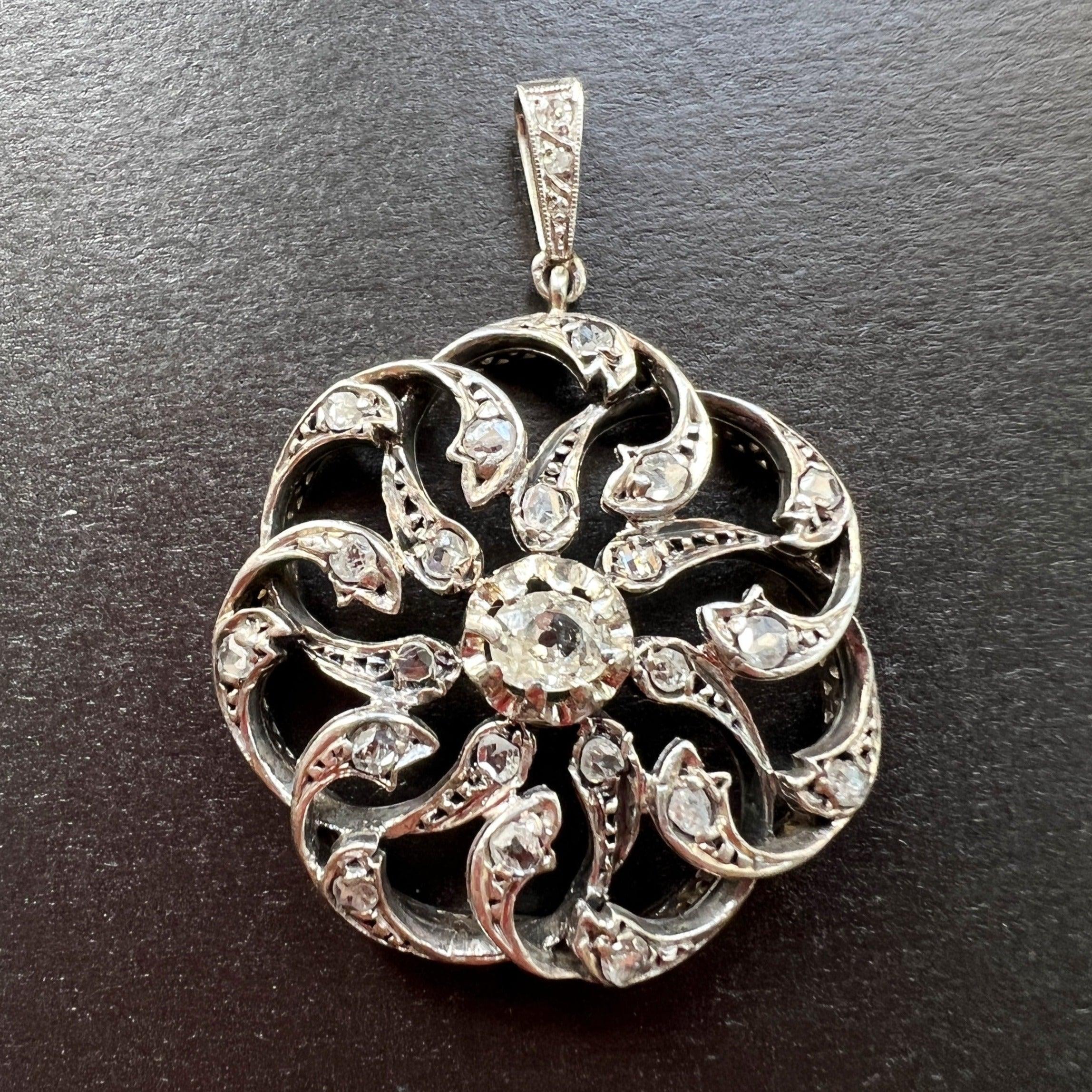 Reservation - Beautiful Antique 18K gold diamond floral pendant - Curiously timeless