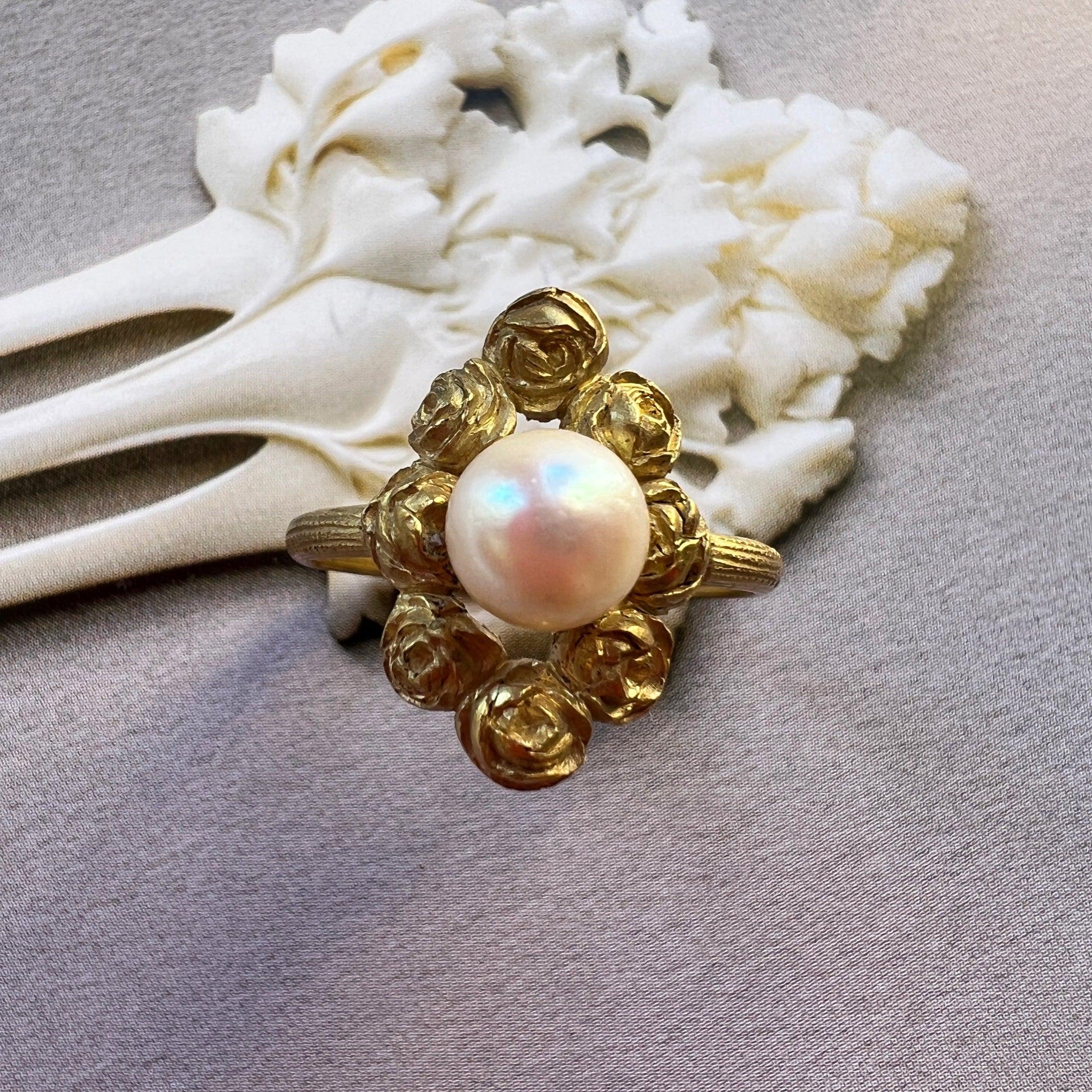 Beautiful French Art Nouveau 18k gold Pearl rose flower ring - Curiously timeless