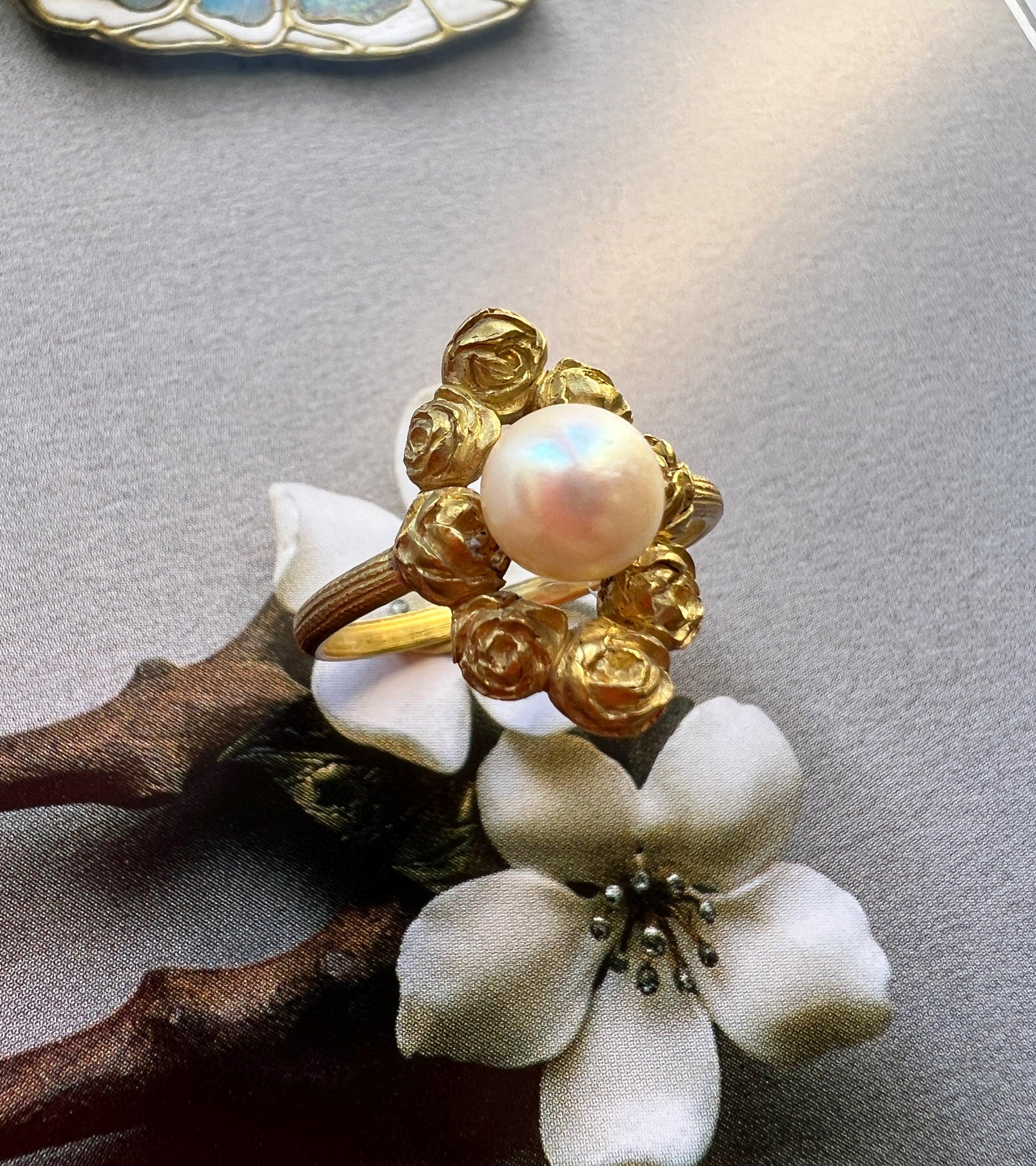 Beautiful French Art Nouveau 18k gold Pearl rose flower ring - Curiously timeless