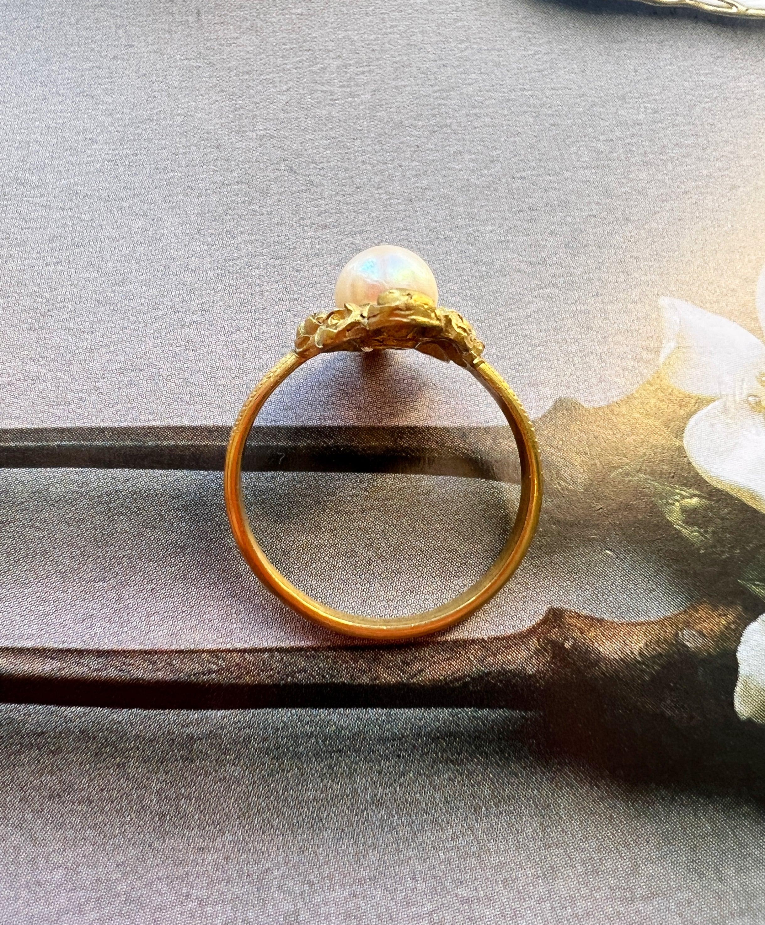 Beautiful French Art Nouveau 18k gold Pearl rose flower ring - Curiously timeless