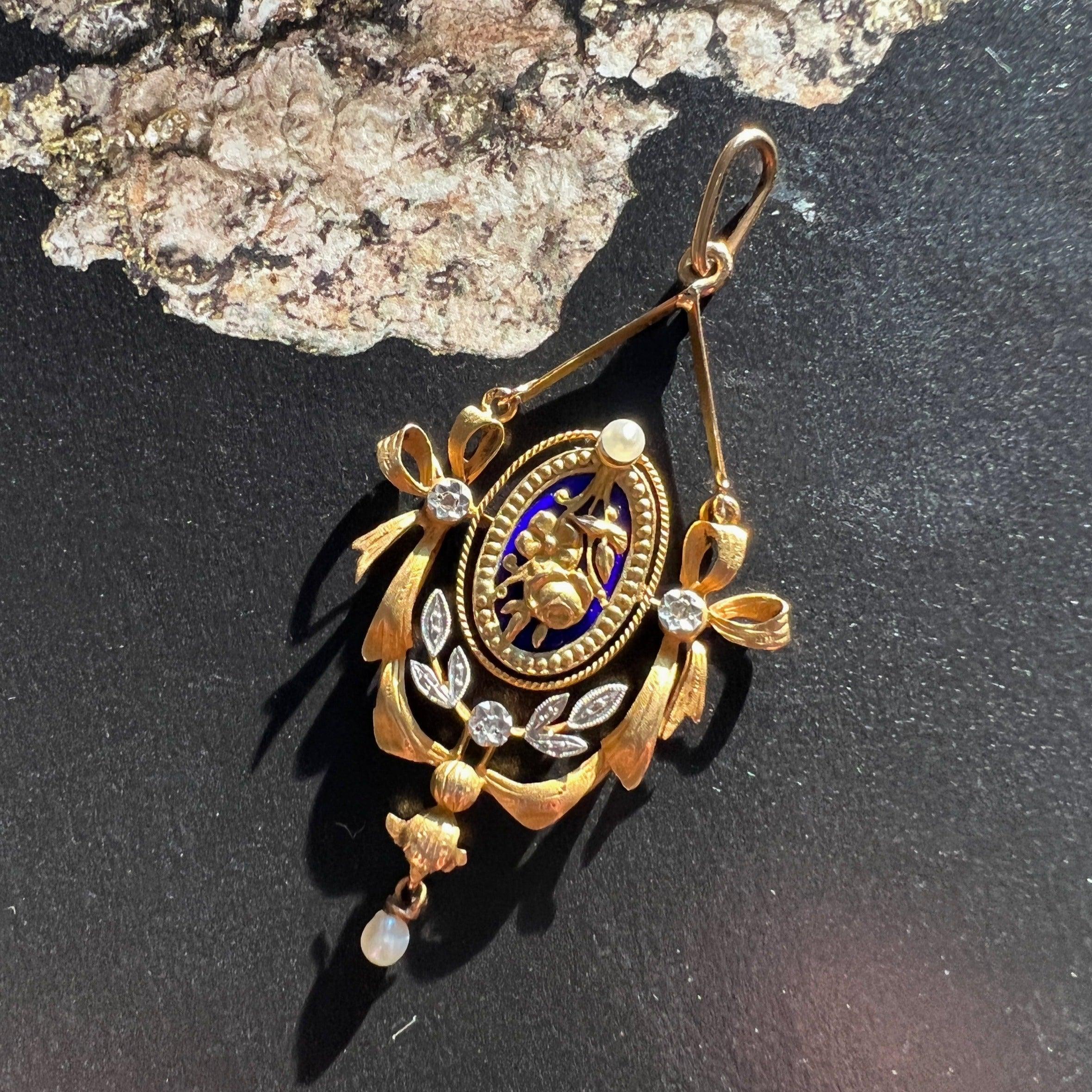 Edwardian / Belle Epoque 18k pearl diamond blue enamel rose flower pendant - Curiously timeless