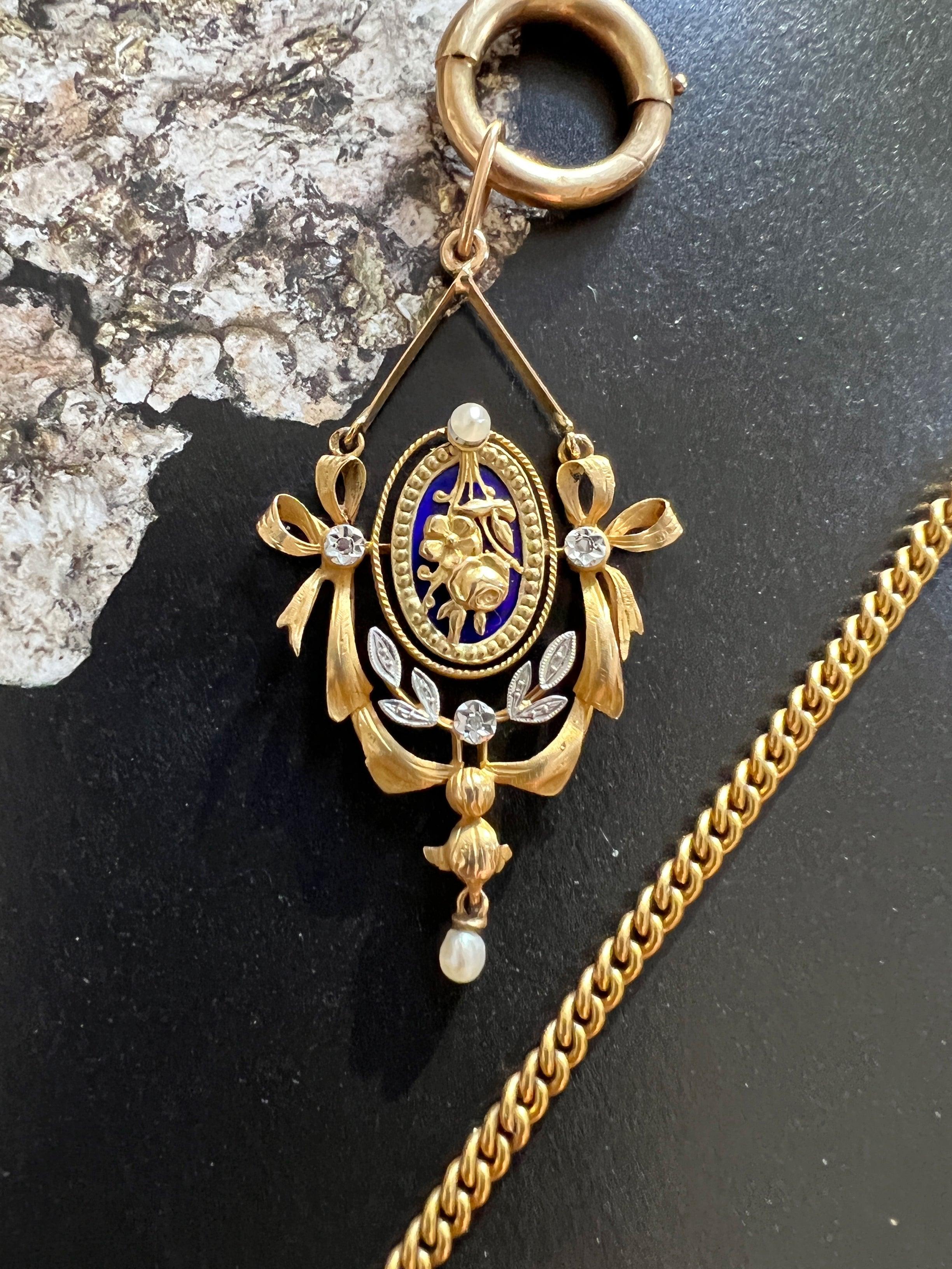 Edwardian / Belle Epoque 18k pearl diamond blue enamel rose flower pendant - Curiously timeless