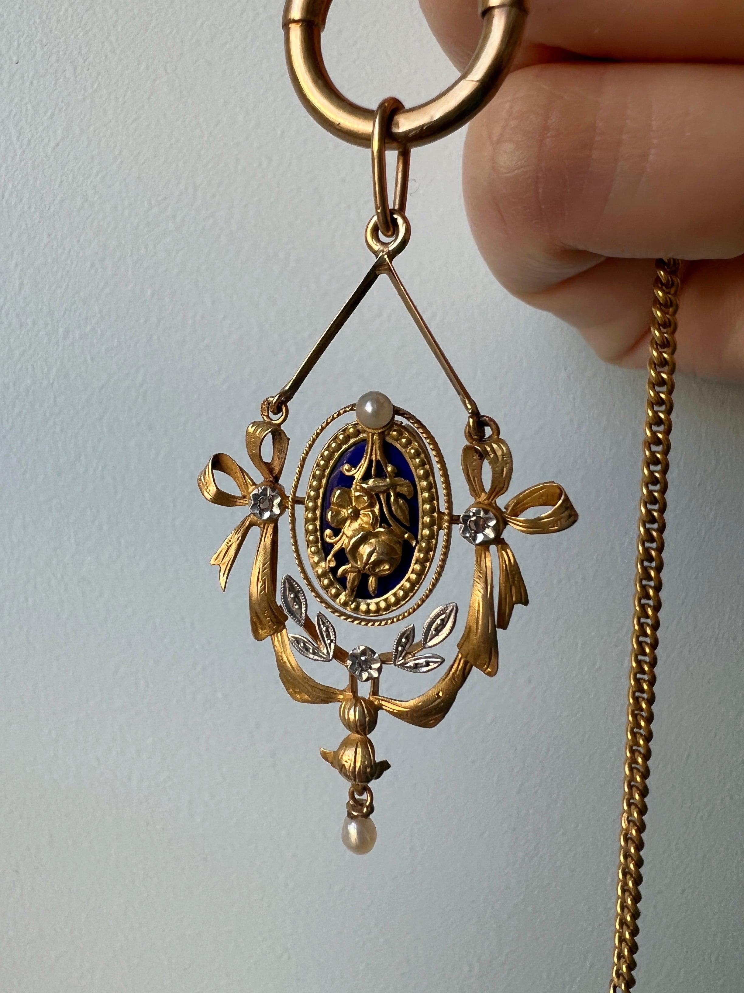 Edwardian / Belle Epoque 18k pearl diamond blue enamel rose flower pendant - Curiously timeless