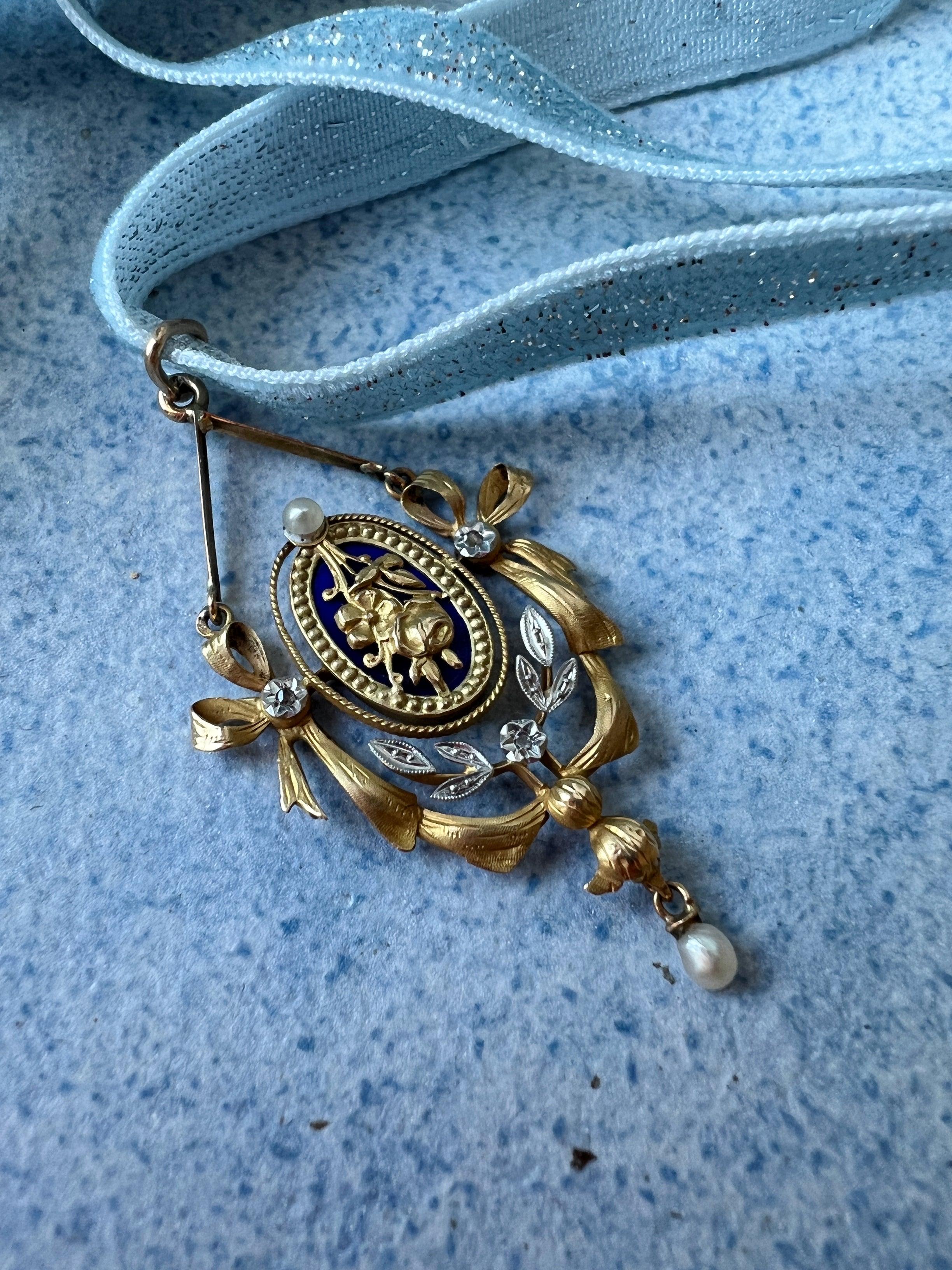 Edwardian / Belle Epoque 18k pearl diamond blue enamel rose flower pendant - Curiously timeless