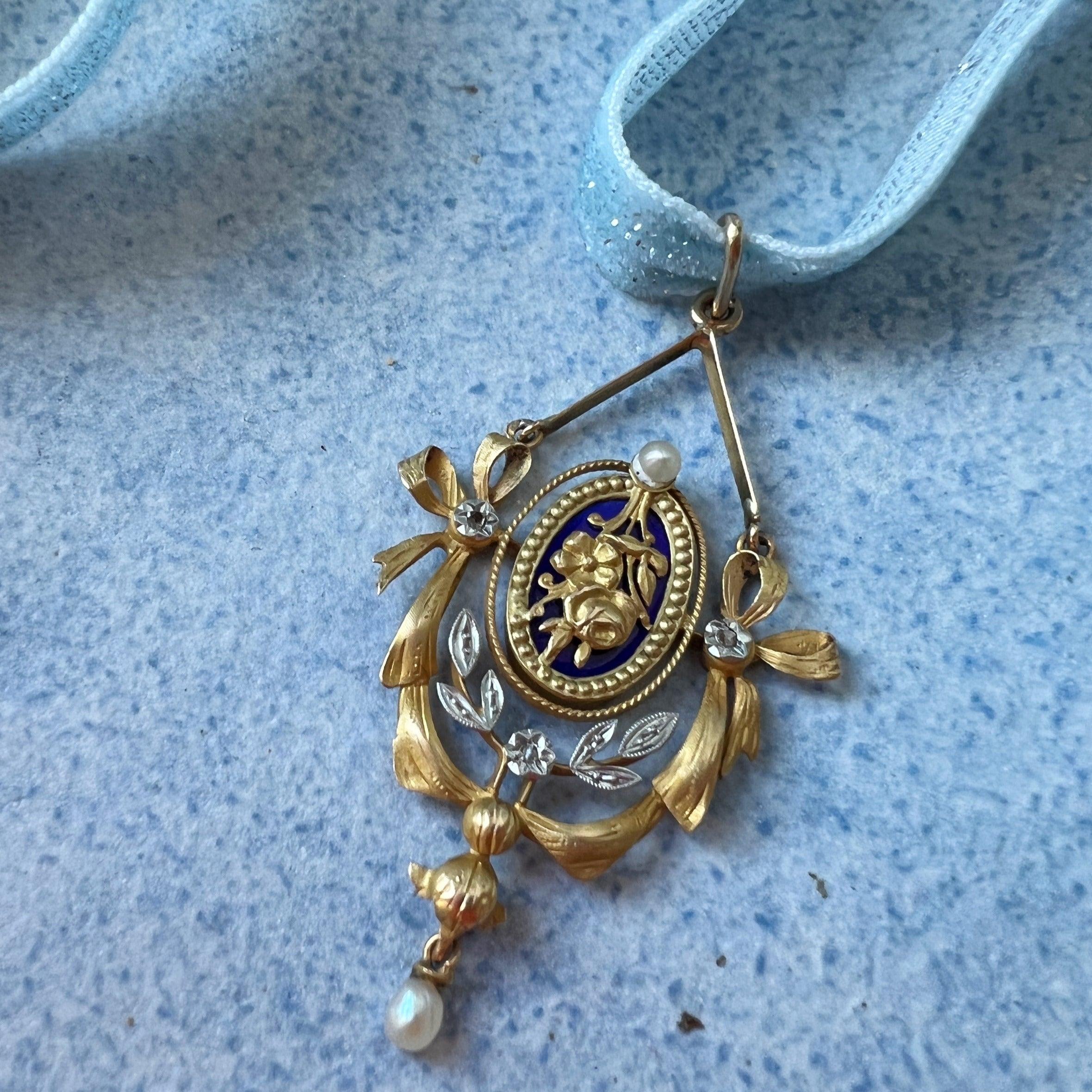 Edwardian / Belle Epoque 18k pearl diamond blue enamel rose flower pendant - Curiously timeless