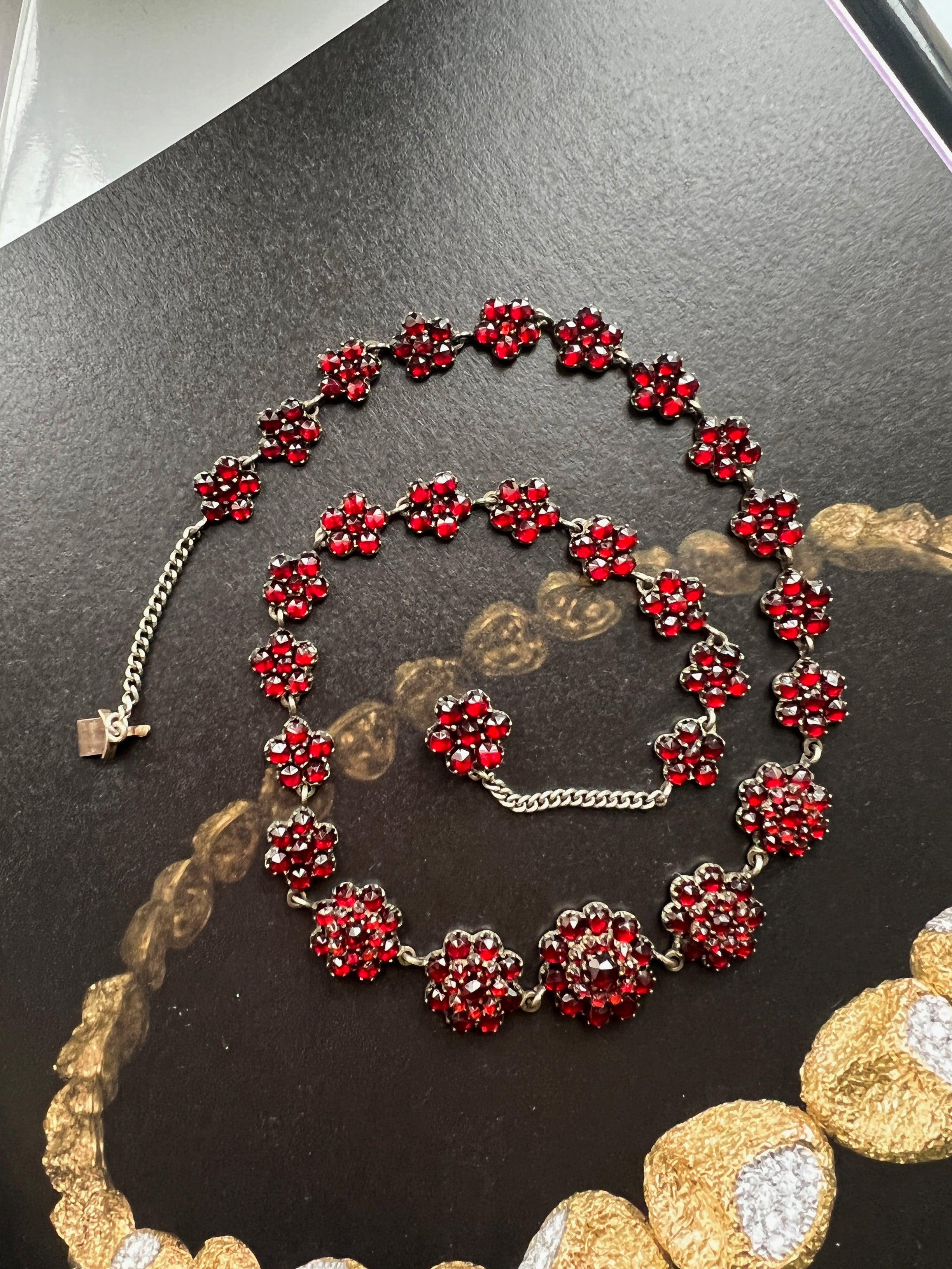 Sparkling Victorian Era Red Bohemian Garnet flower silver necklace - Curiously timeless