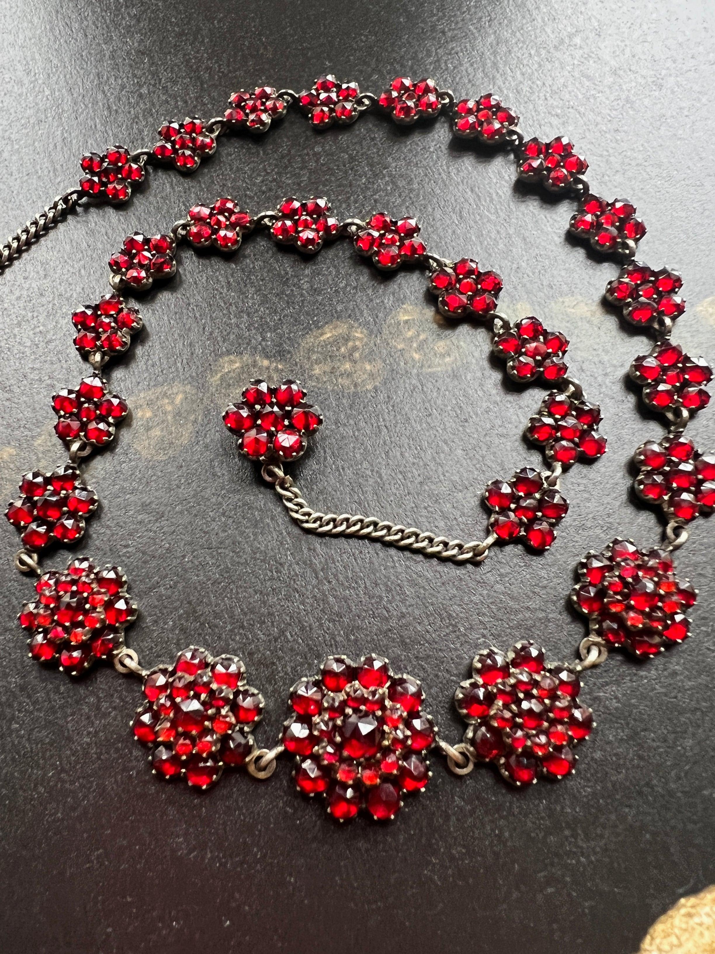 Sparkling Victorian Era Red Bohemian Garnet flower silver necklace - Curiously timeless