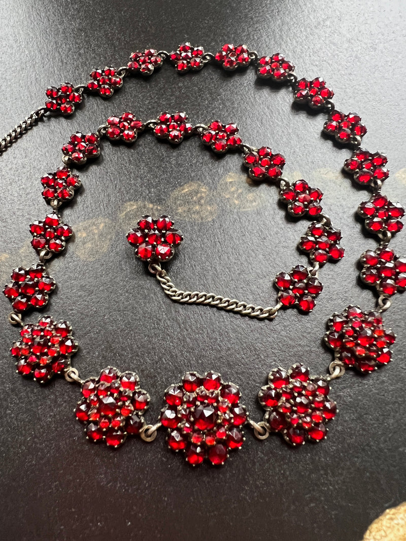 Sparkling Victorian Era Red Bohemian Garnet flower silver necklace