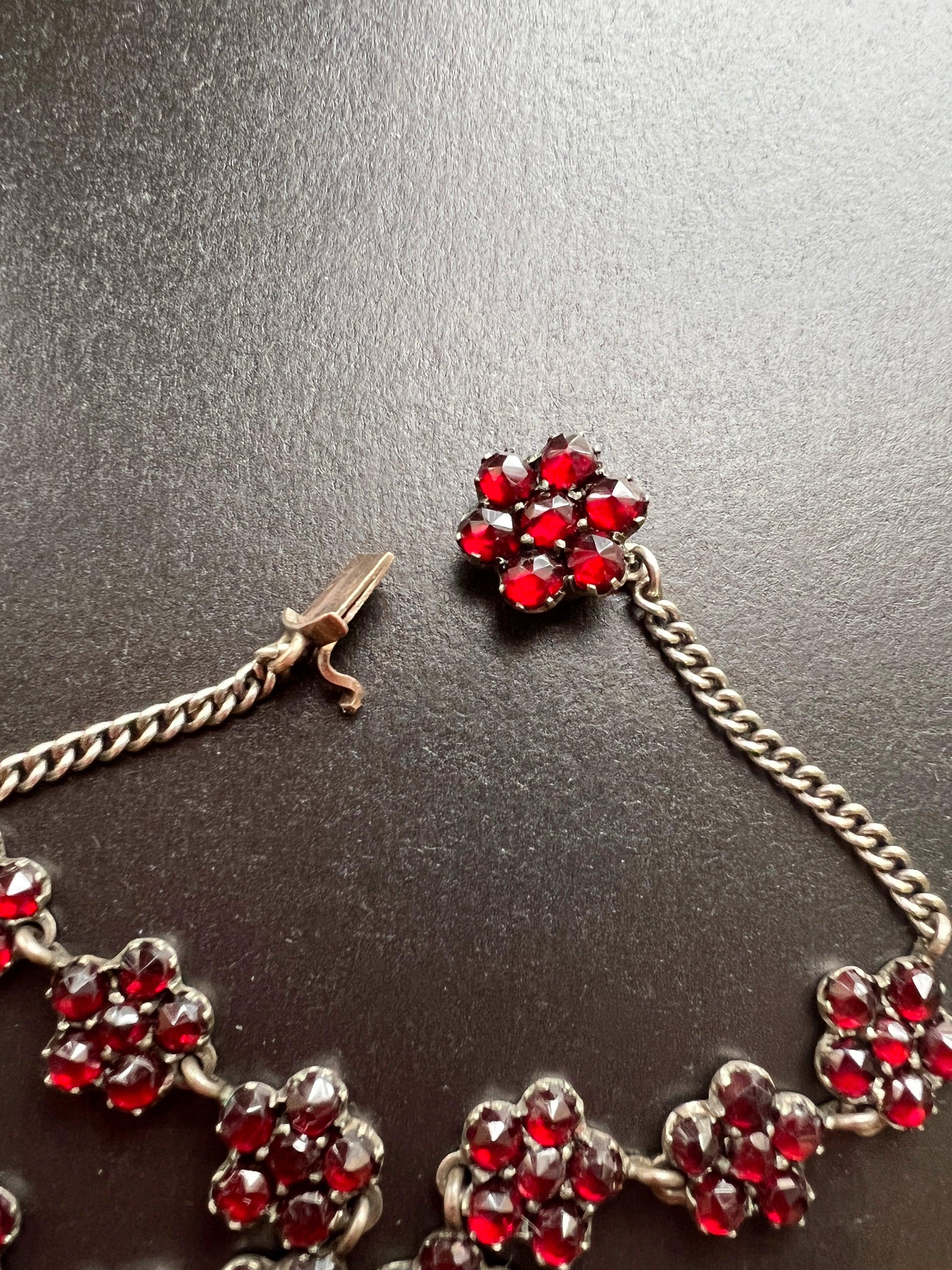 Sparkling Victorian Era Red Bohemian Garnet flower silver necklace - Curiously timeless