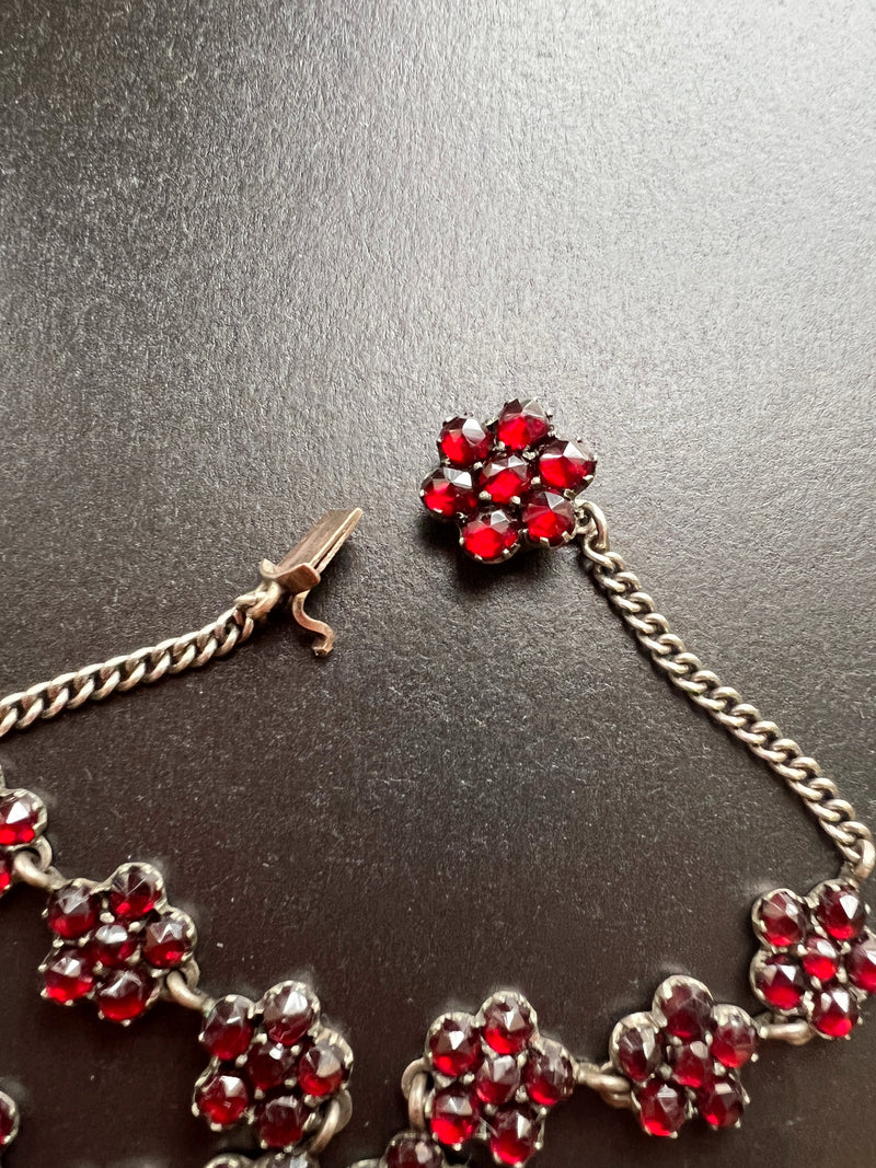 Sparkling Victorian Era Red Bohemian Garnet flower silver necklace