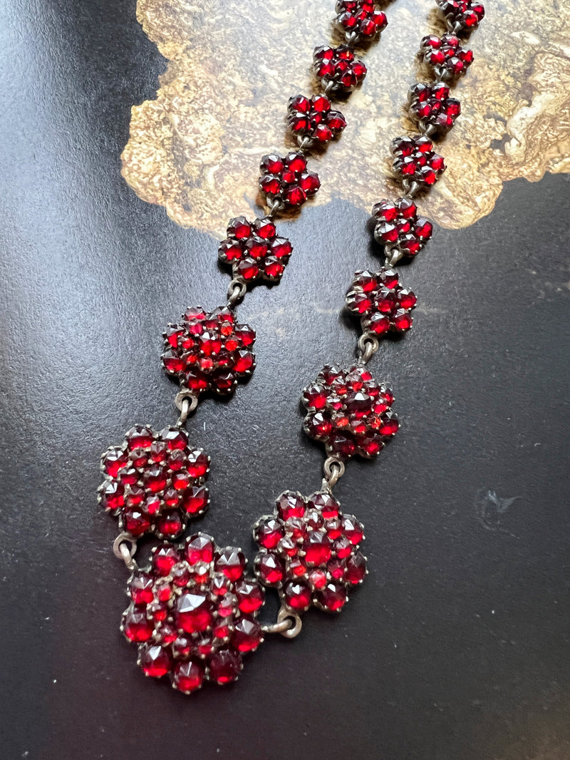 Sparkling Victorian Era Red Bohemian Garnet flower silver necklace