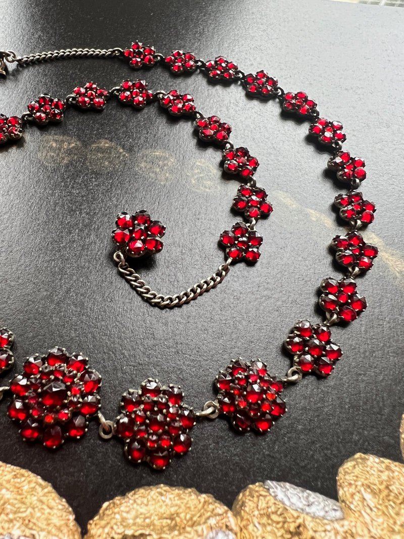 Sparkling Victorian Era Red Bohemian Garnet flower silver necklace