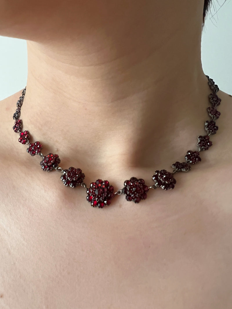 Sparkling Victorian Era Red Bohemian Garnet flower silver necklace