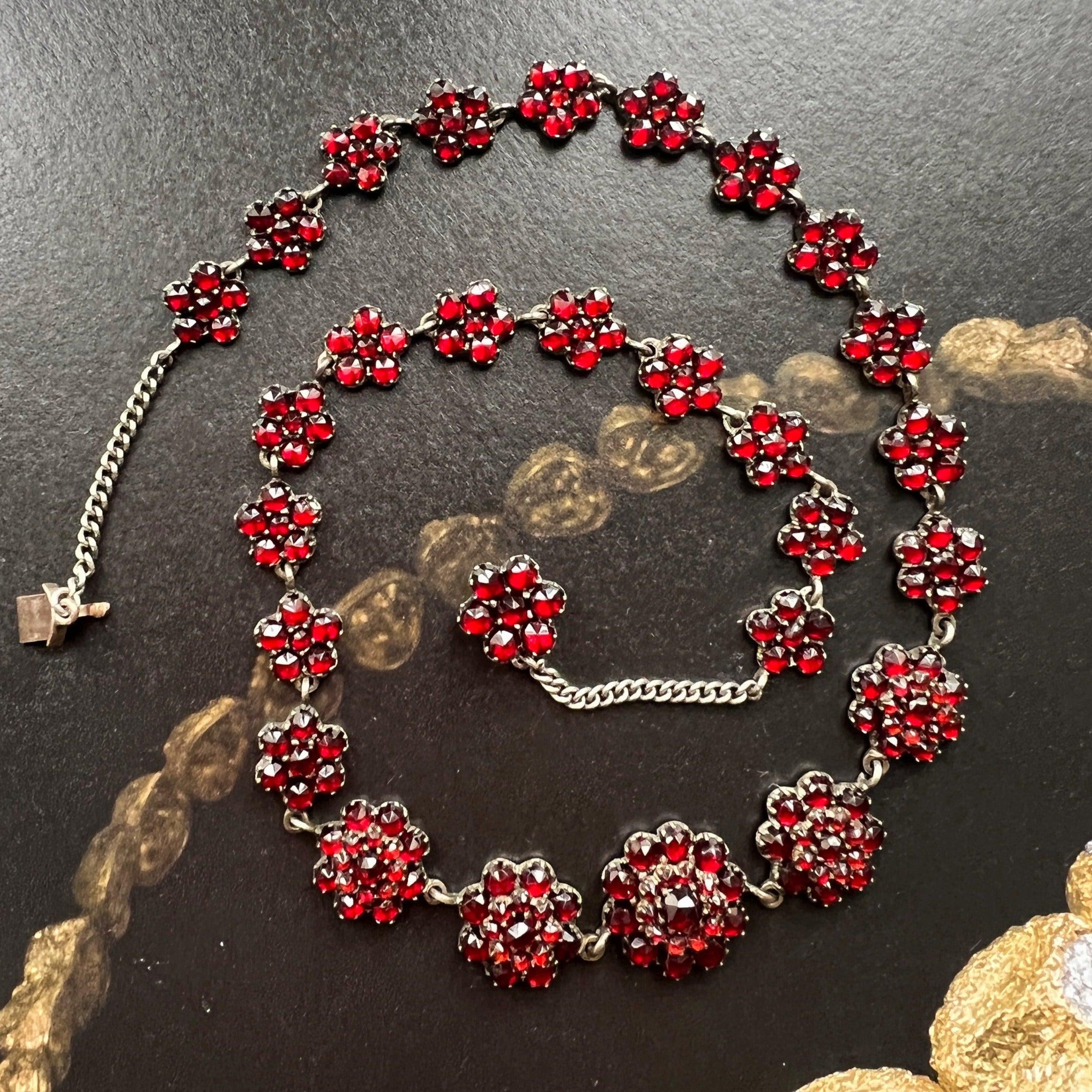 Sparkling Victorian Era Red Bohemian Garnet flower silver necklace - Curiously timeless