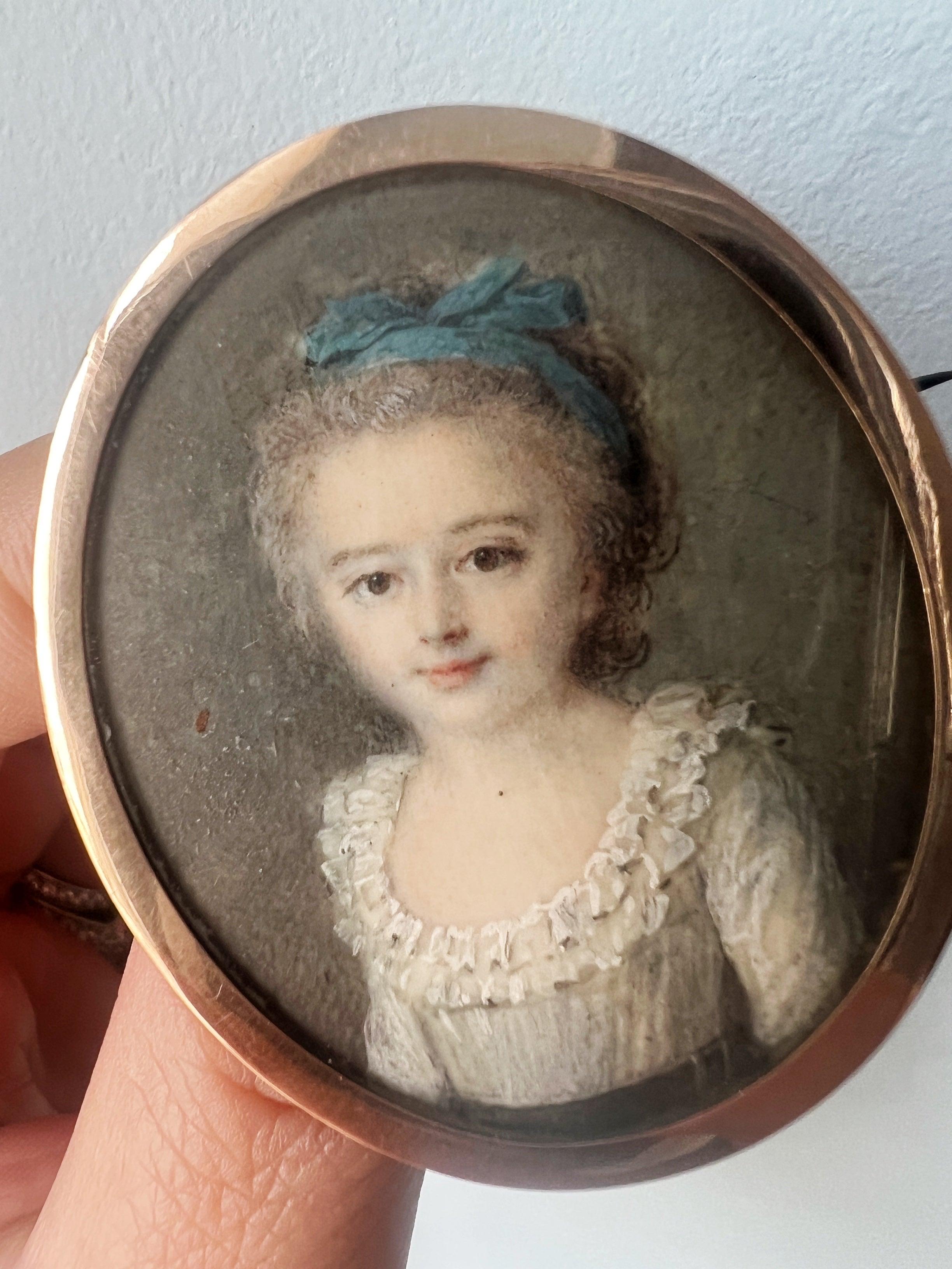 Reserved - Important Victorian era young girl miniature portrait brooch - Curiously timeless