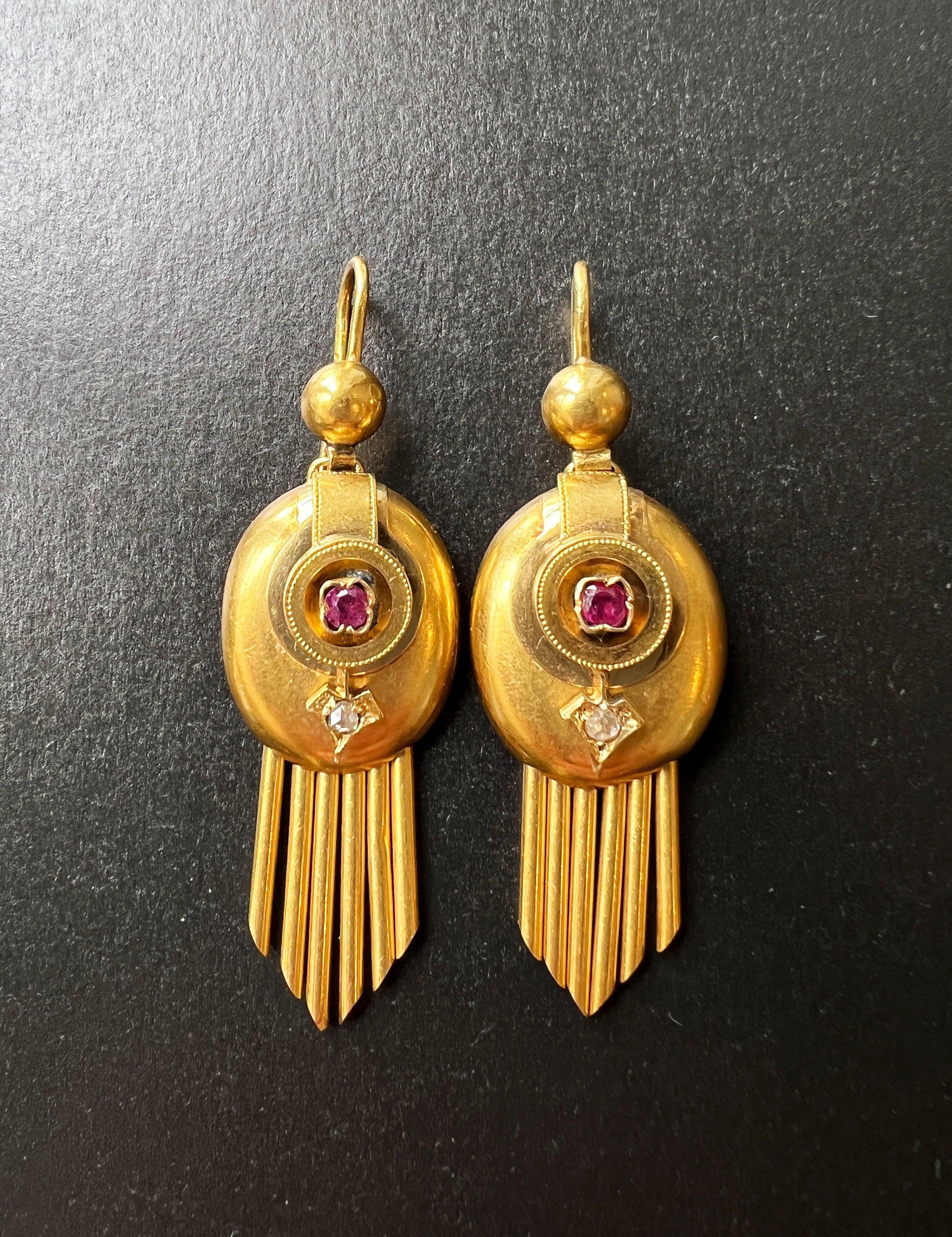 Magnificent Victorian era 18K gold diamond ruby arrow fringe earrings - Curiously timeless