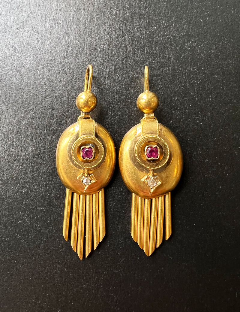 Magnificent Victorian era 18K gold diamond ruby arrow fringe earrings