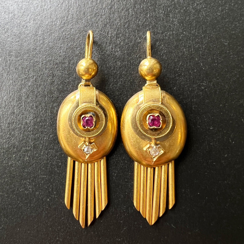 Magnificent Victorian era 18K gold diamond ruby arrow fringe earrings