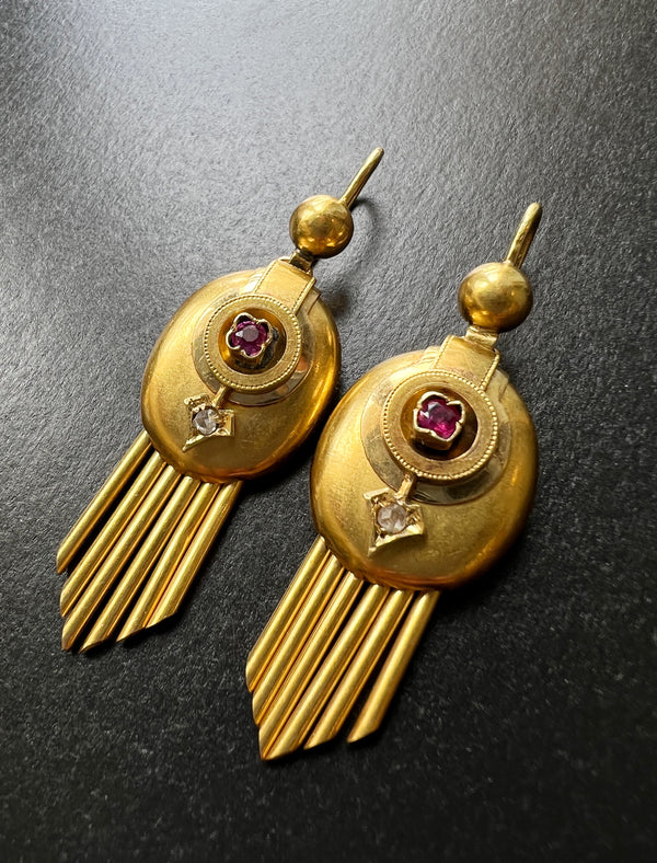 Magnificent Victorian era 18K gold diamond ruby arrow fringe earrings