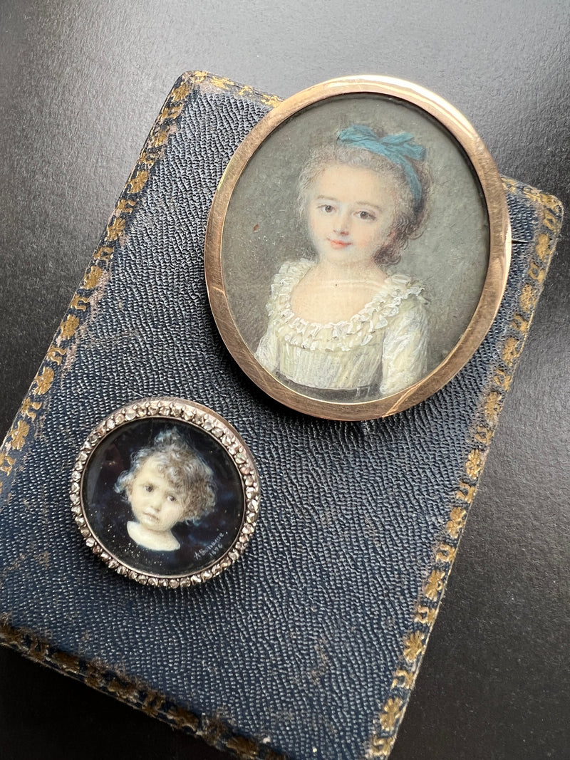 Victorian era 18K gold rose cut diamond child miniature portrait brooch