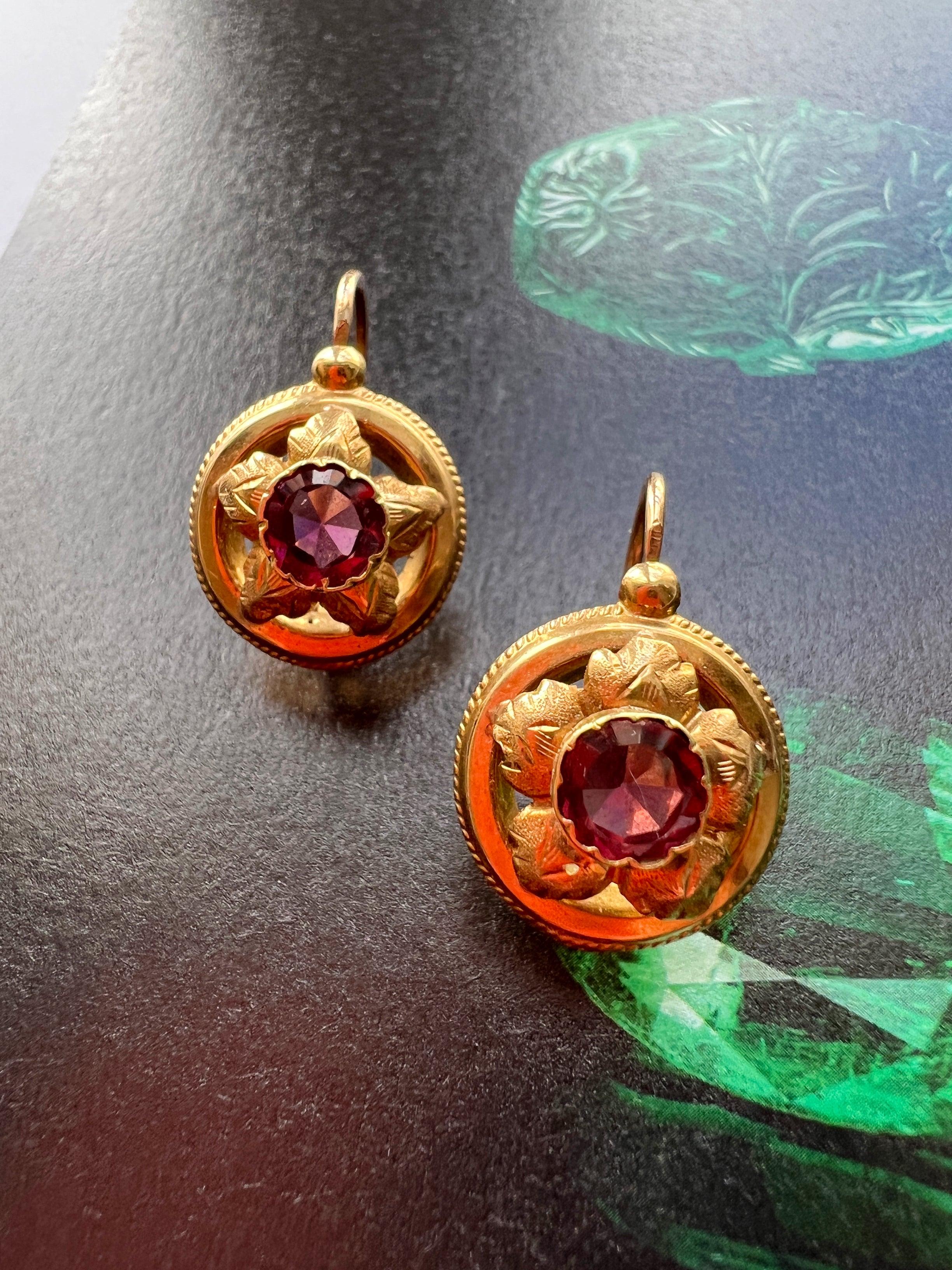 Lovely French work Victorian era 18k Gold Garnet Dangle Earrings - Curiously timeless