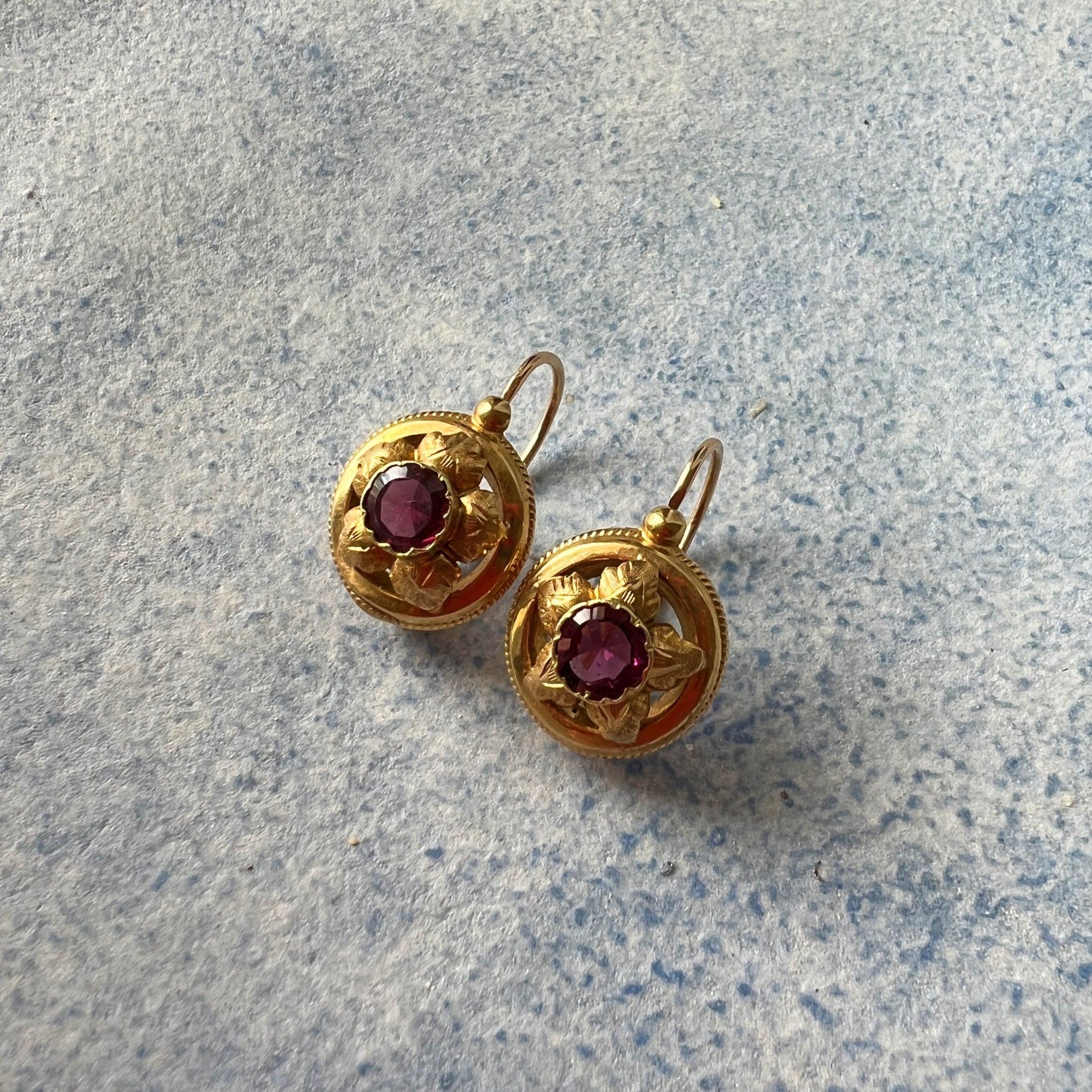 Lovely French work Victorian era 18k Gold Garnet Dangle Earrings - Curiously timeless