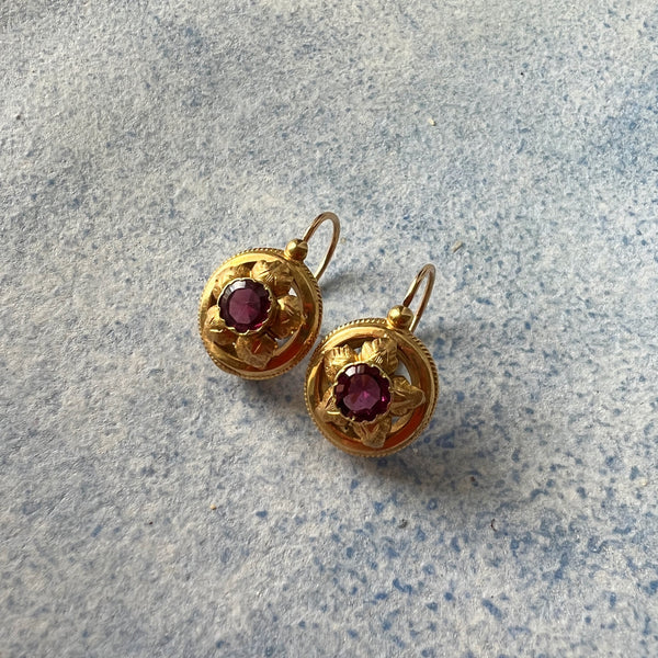 Lovely French work Victorian era 18k Gold Garnet Dangle Earrings