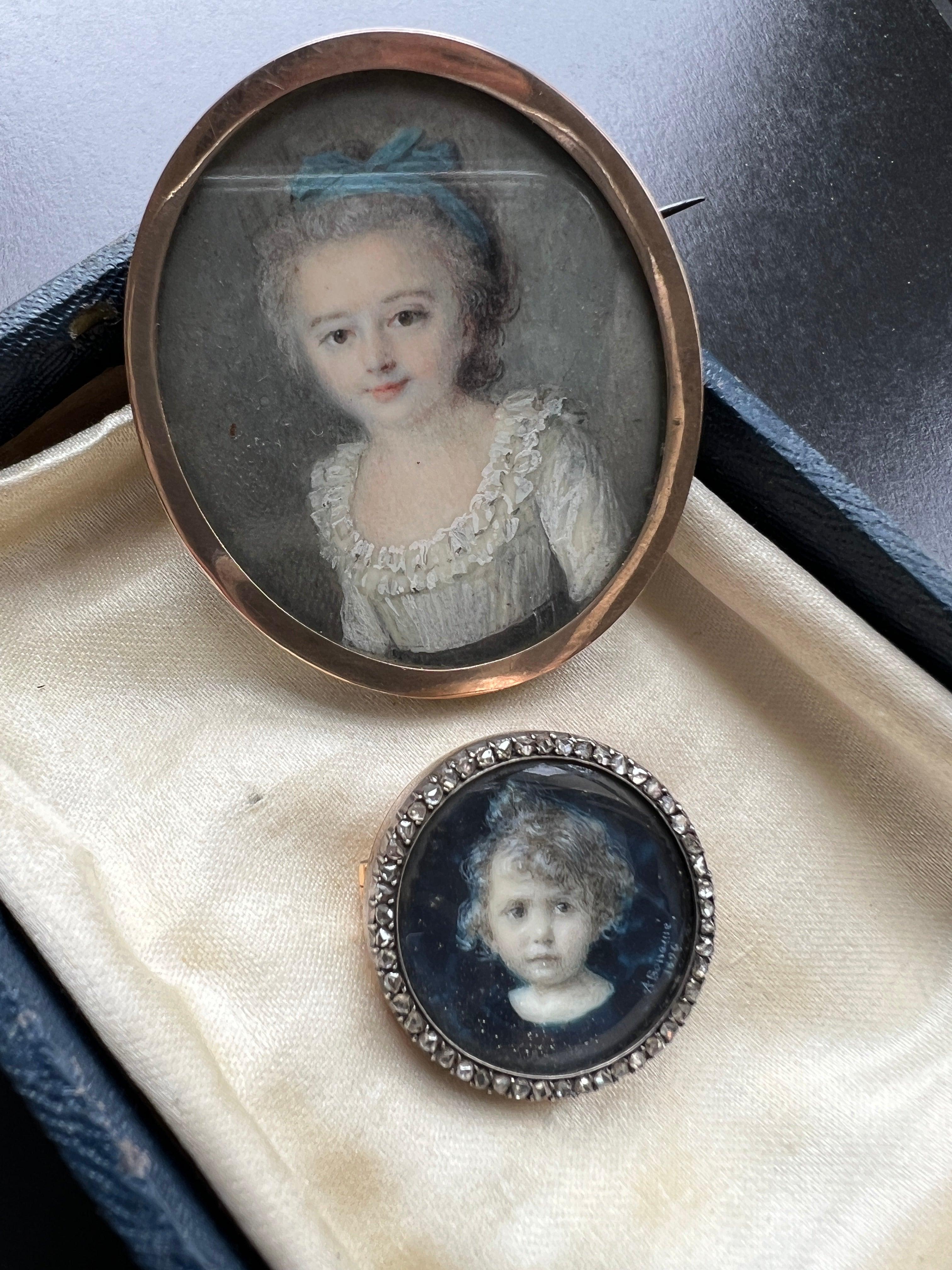 Reserved - Important Victorian era young girl miniature portrait brooch - Curiously timeless