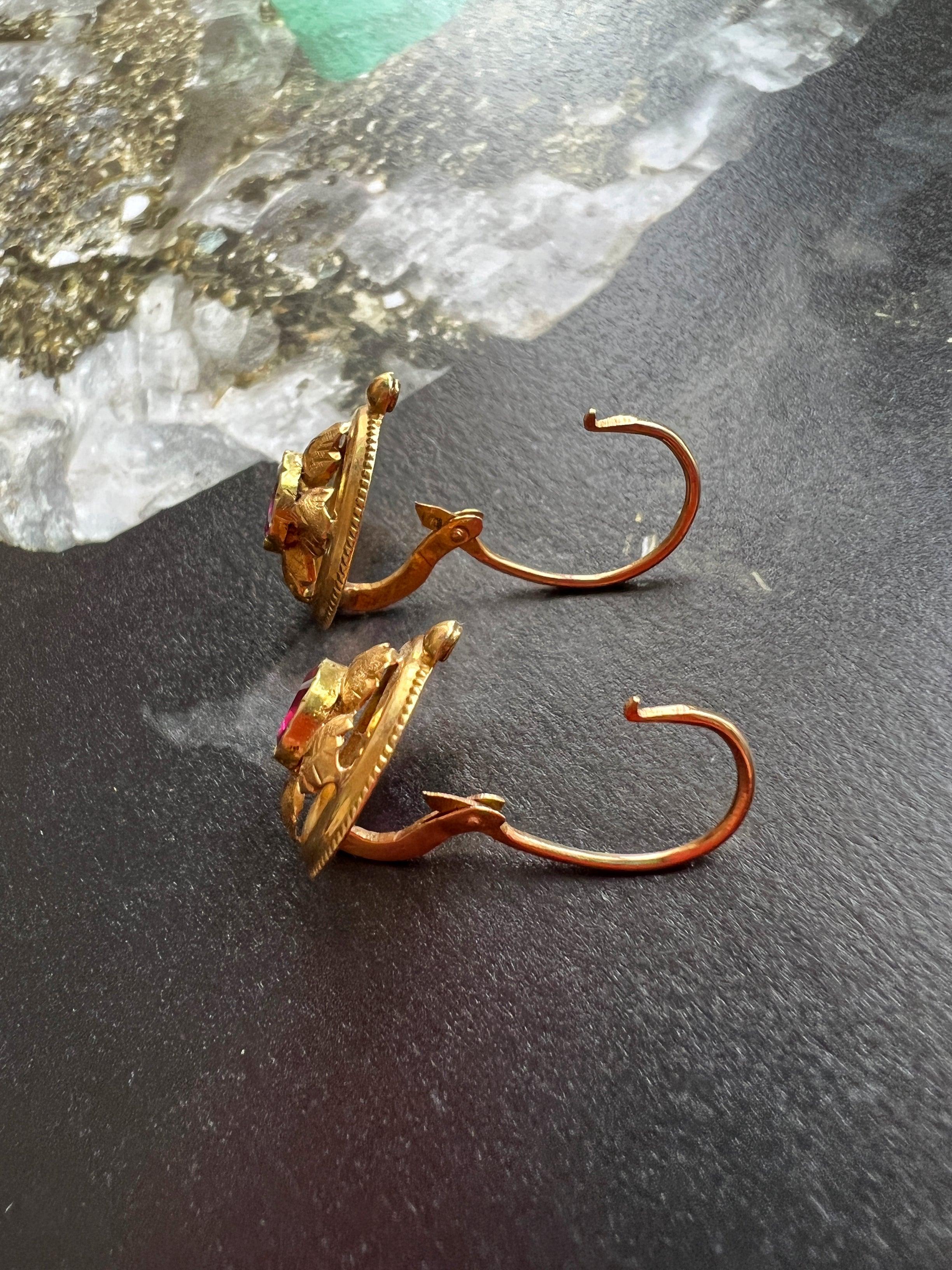 Lovely French work Victorian era 18k Gold Garnet Dangle Earrings - Curiously timeless