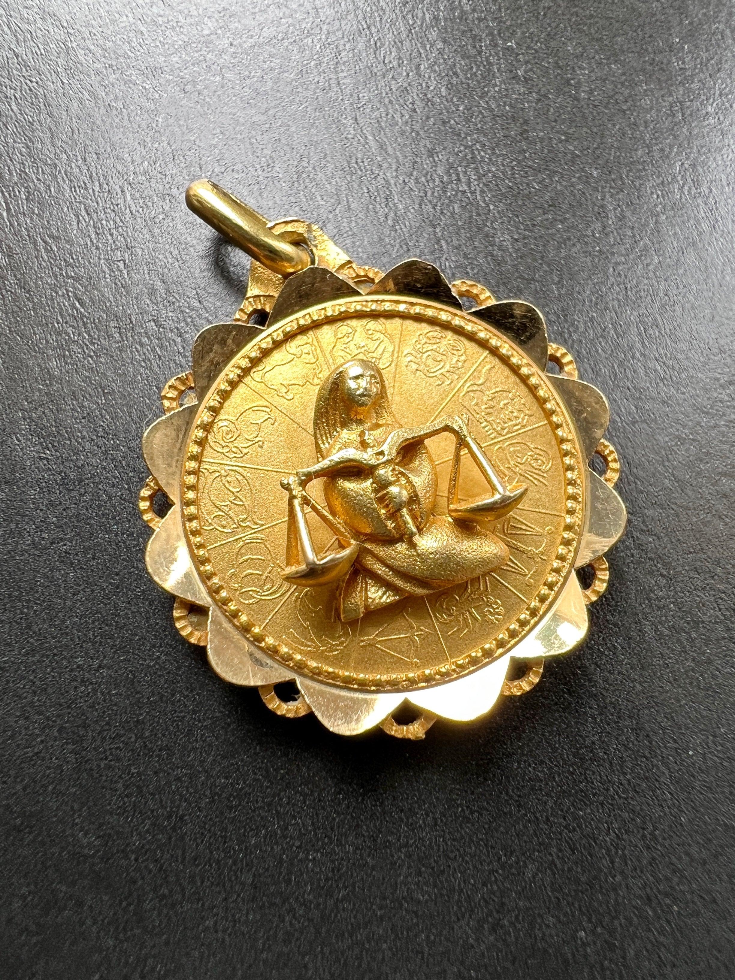 French Augis signed vintage 18k gold Zodiac Libra sign medal - Curiously timeless