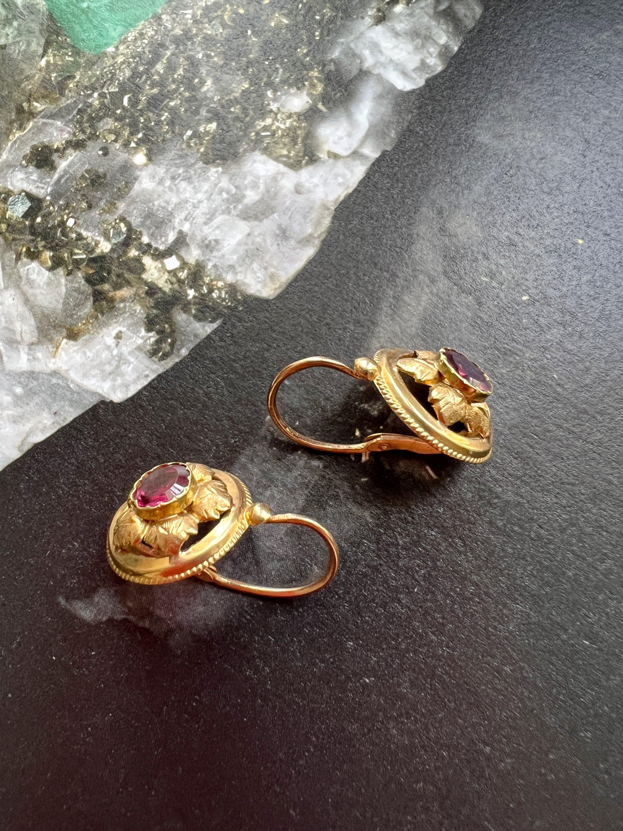 Lovely French work Victorian era 18k Gold Garnet Dangle Earrings - Curiously timeless