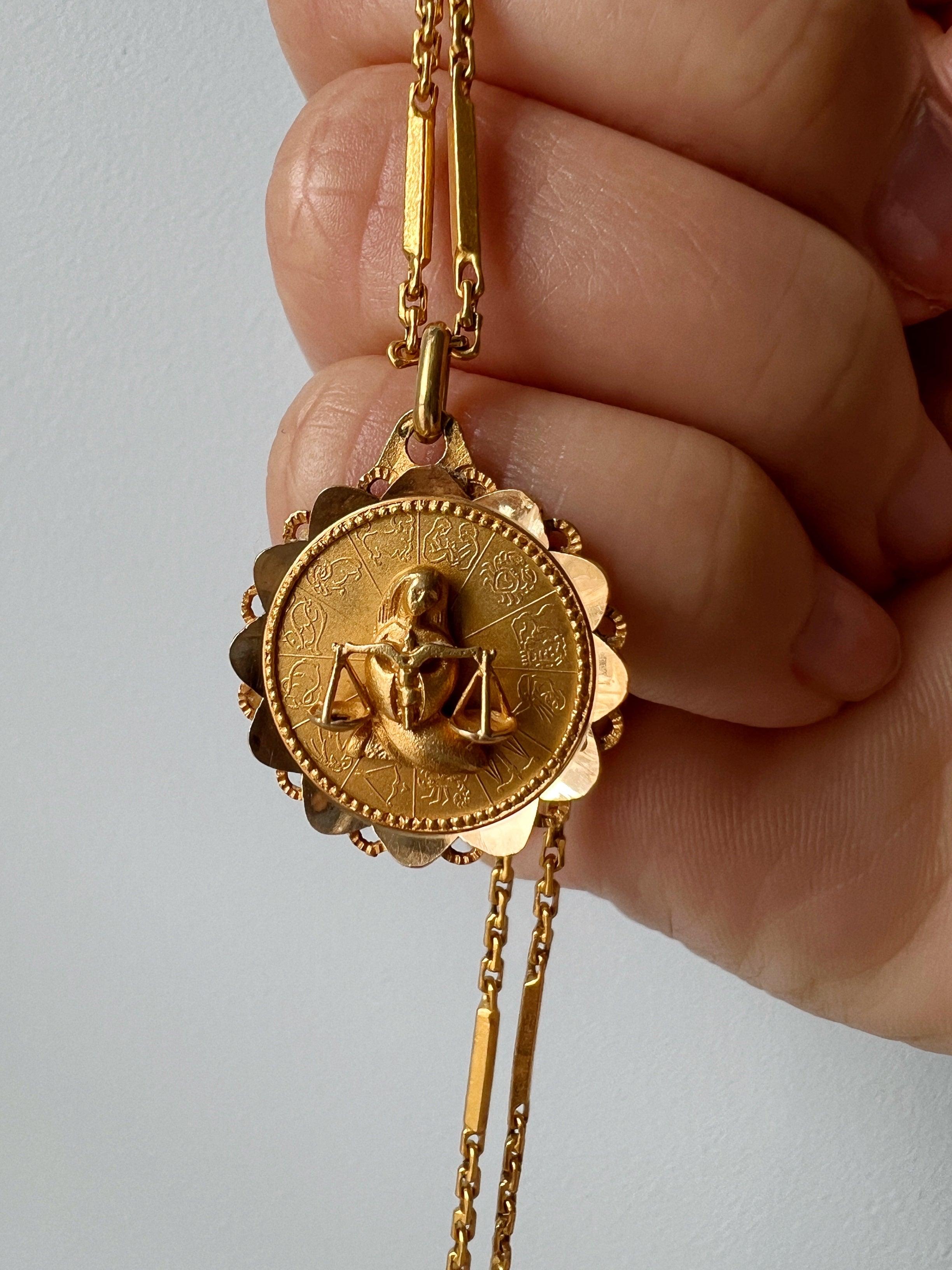 French Augis signed vintage 18k gold Zodiac Libra sign medal - Curiously timeless