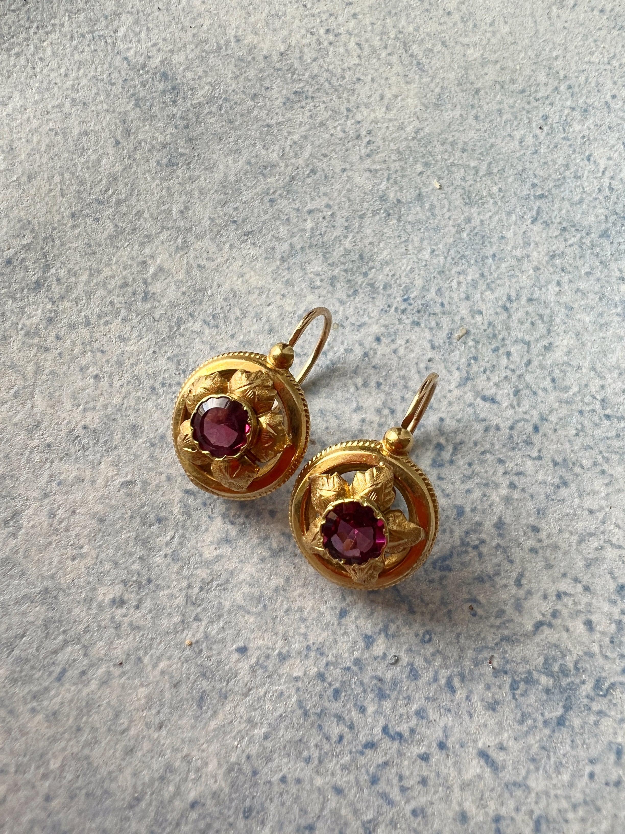 Lovely French work Victorian era 18k Gold Garnet Dangle Earrings - Curiously timeless