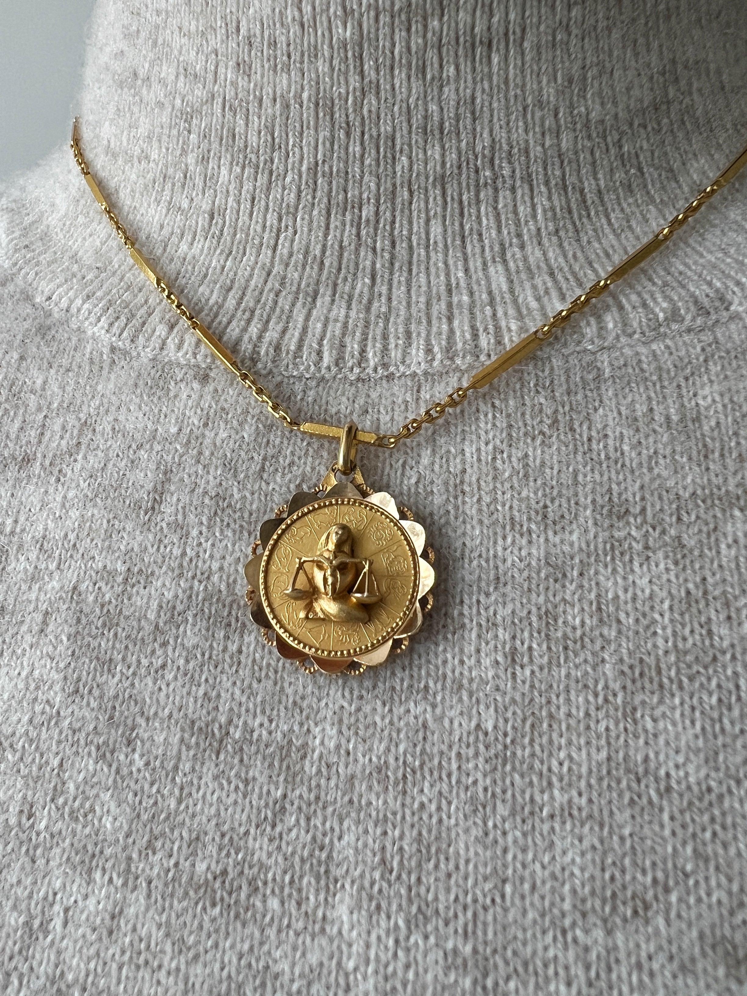 French Augis signed vintage 18k gold Zodiac Libra sign medal - Curiously timeless