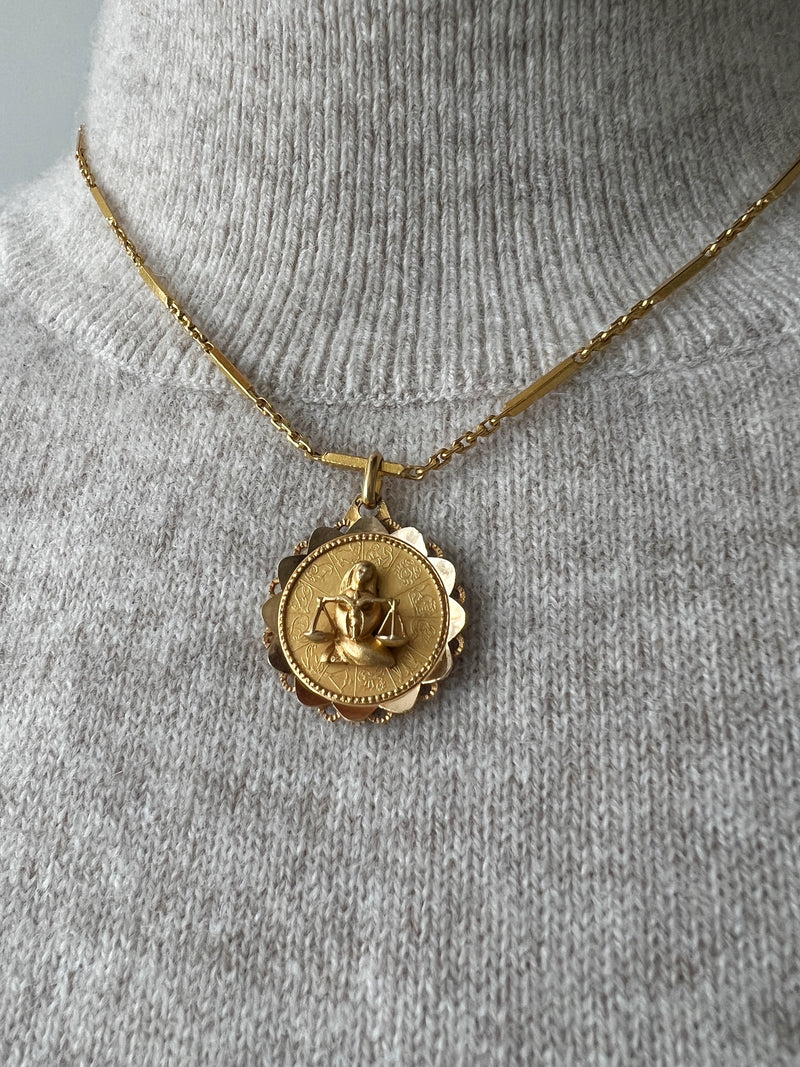 French Augis signed vintage 18k gold Zodiac Libra sign medal