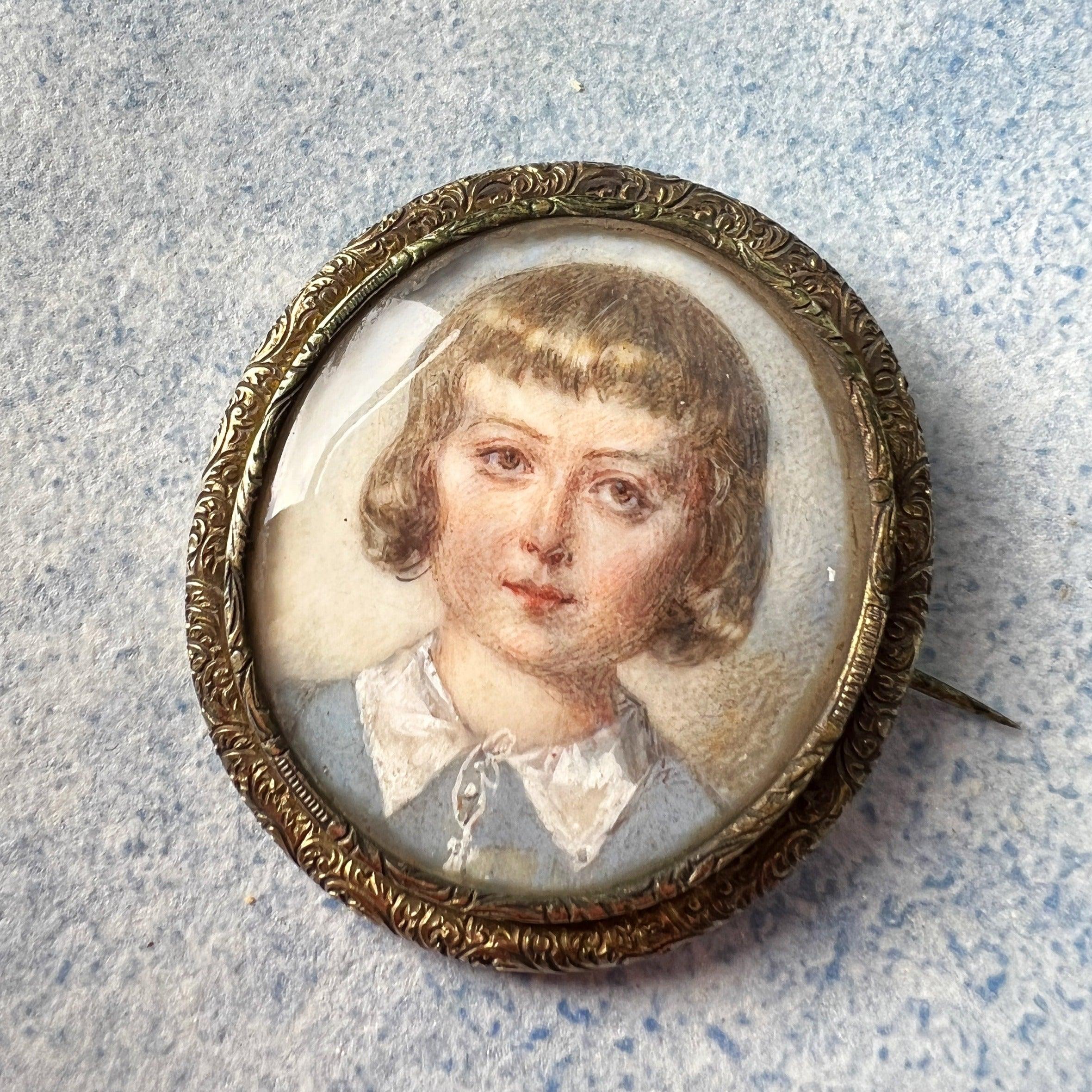 French Antique Child Louis XVI miniature portrait silver brooch - Curiously timeless