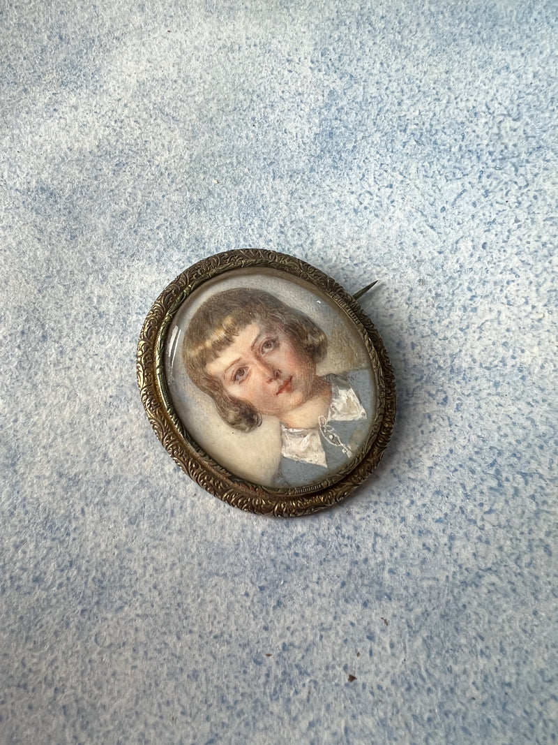 French Antique Child Louis XVI miniature portrait silver brooch