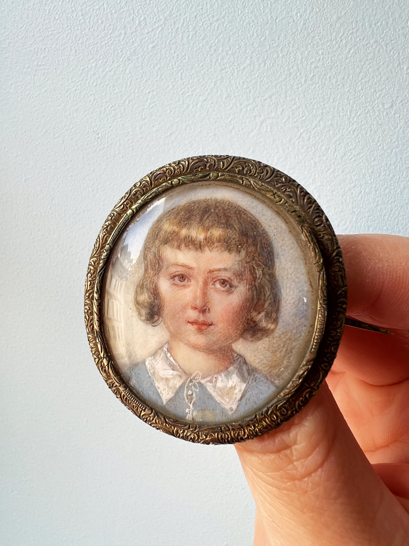 French Antique Child Louis XVI miniature portrait silver brooch