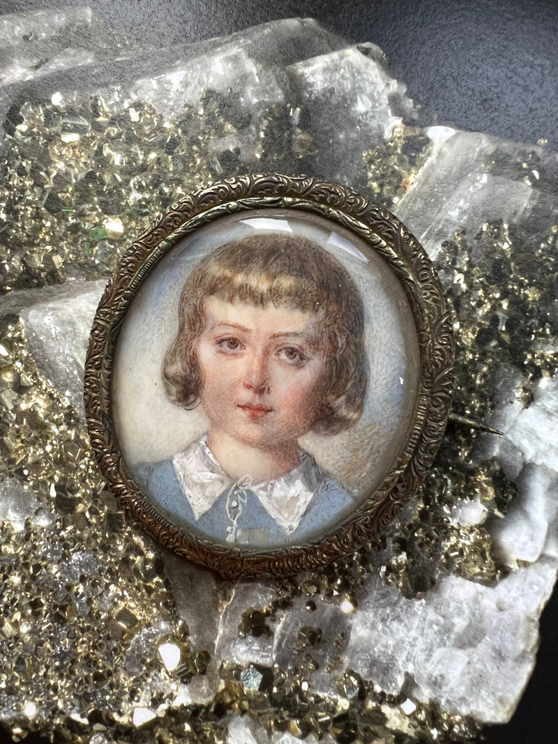 French Antique Child Louis XVI miniature portrait silver brooch