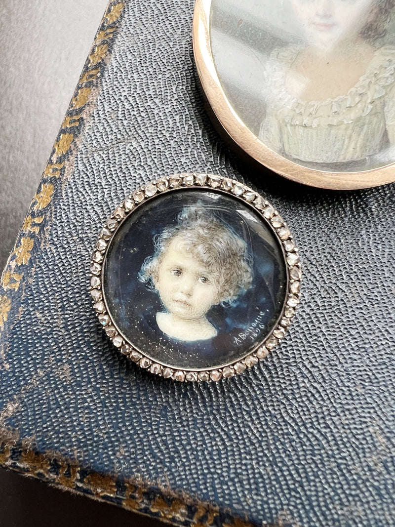 Victorian era 18K gold rose cut diamond child miniature portrait brooch