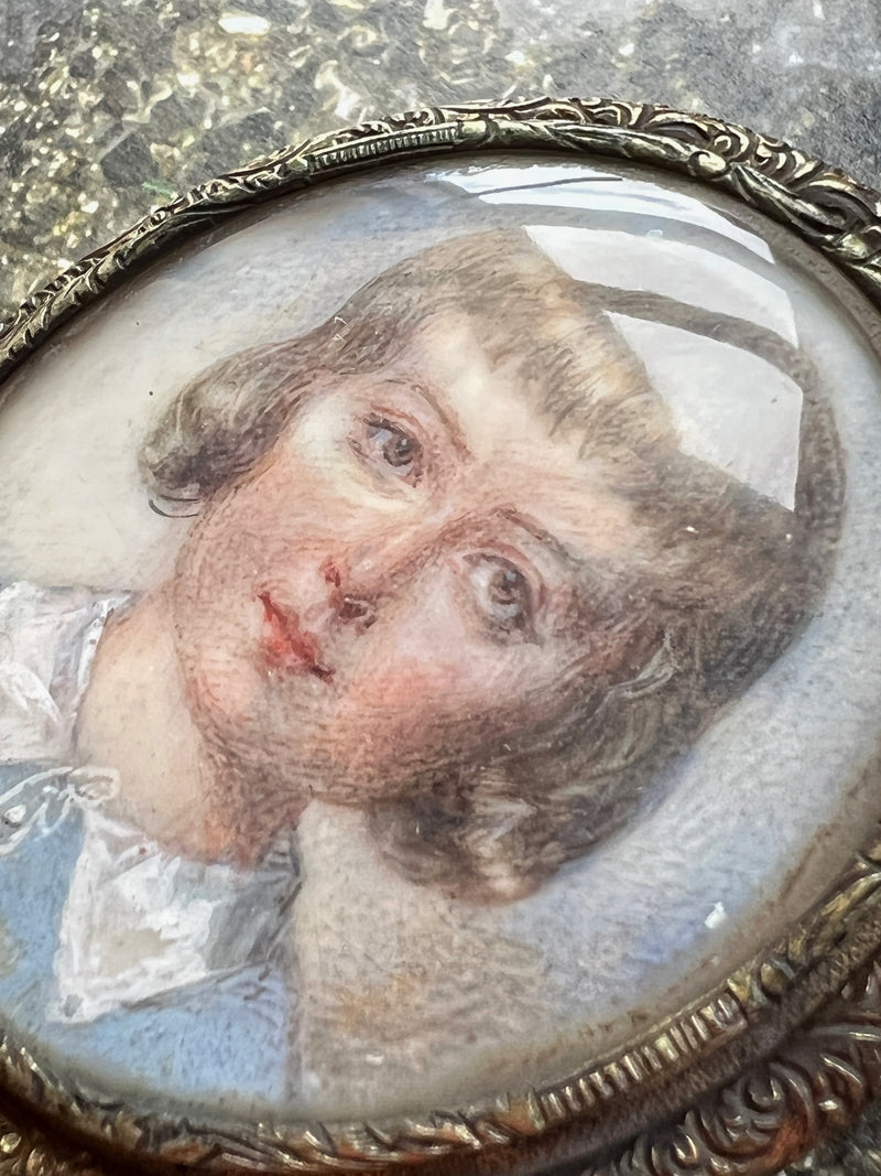 French Antique Child Louis XVI miniature portrait silver brooch