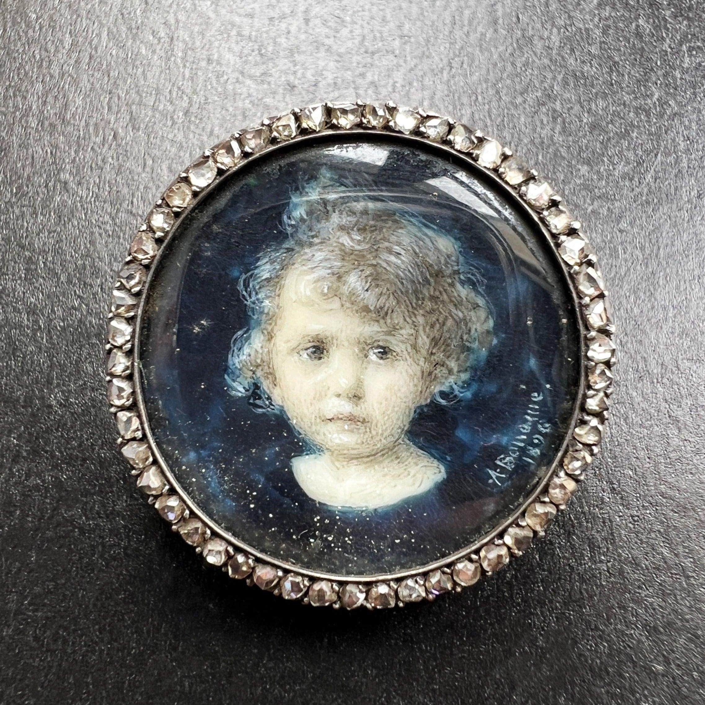 Victorian era 18K gold rose cut diamond child miniature portrait brooch - Curiously timeless