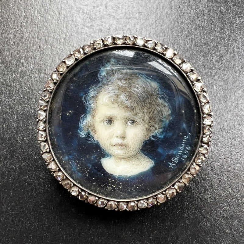 Victorian era 18K gold rose cut diamond child miniature portrait brooch